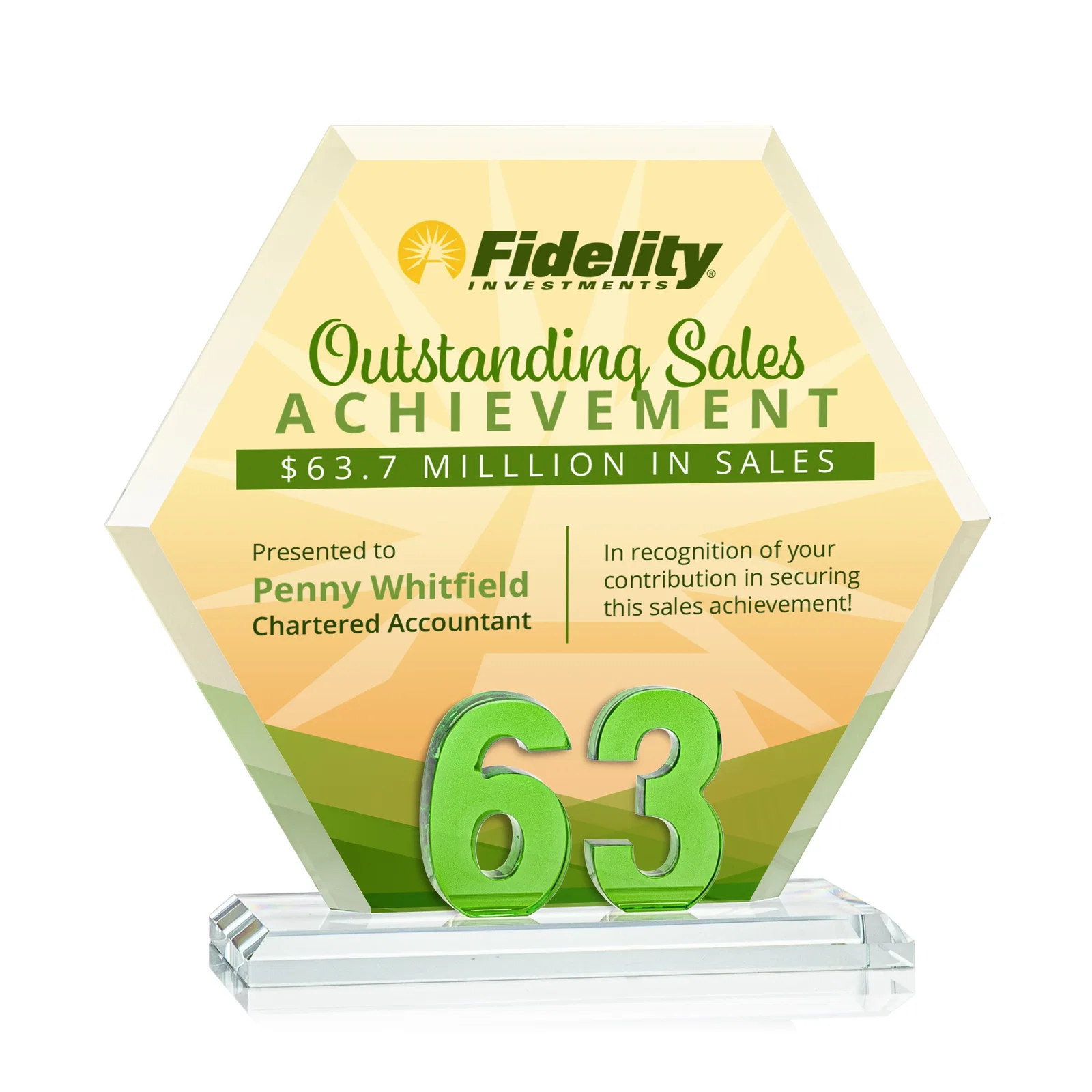Promotional Starfire Crystal Hexagon Award With Selectable Number 0-99, awards for company anniversary events