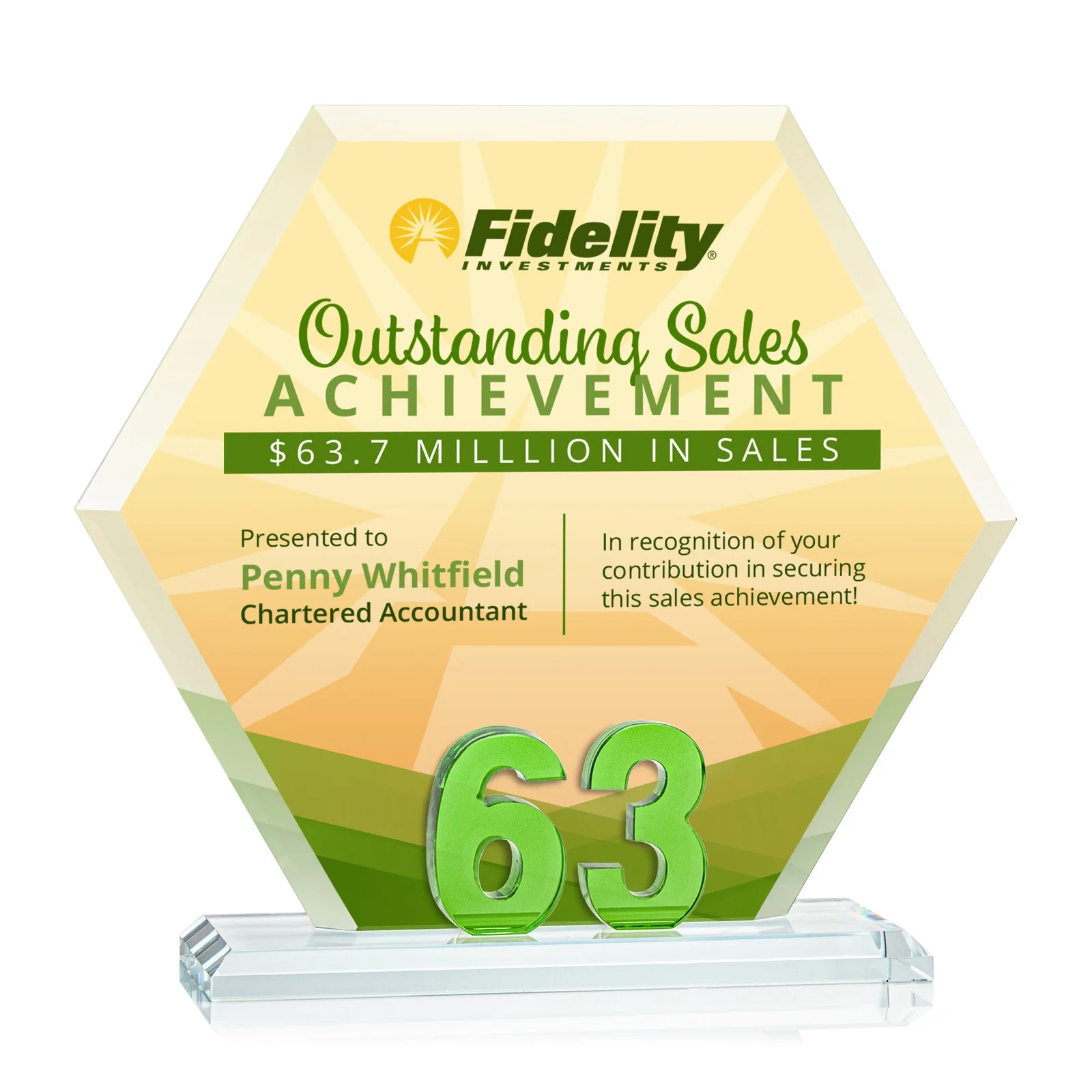 Branded Starfire Crystal Hexagon Award With Selectable Number 0-99, awards for employee recognition