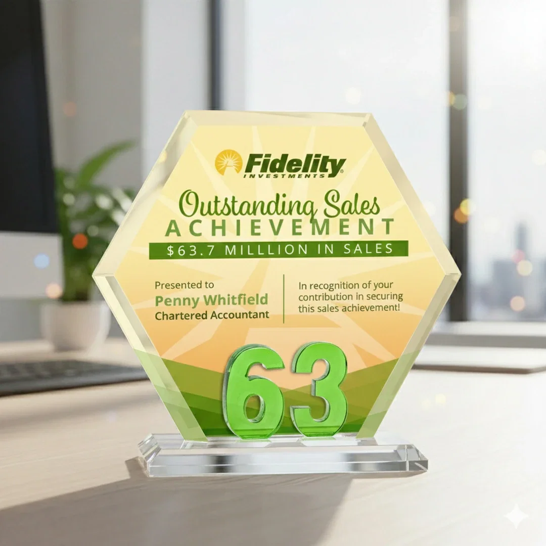 Branded Starfire Crystal Hexagon Award With Selectable Number 0-99, awards for corporate award ceremonies