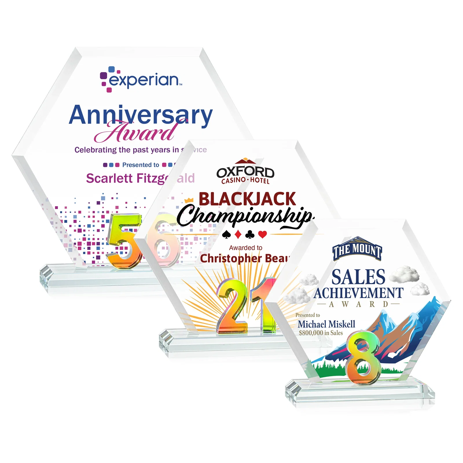 Branded Starfire Crystal Hexagon Award With Selectable Number 0-99, awards for service anniversary gifts