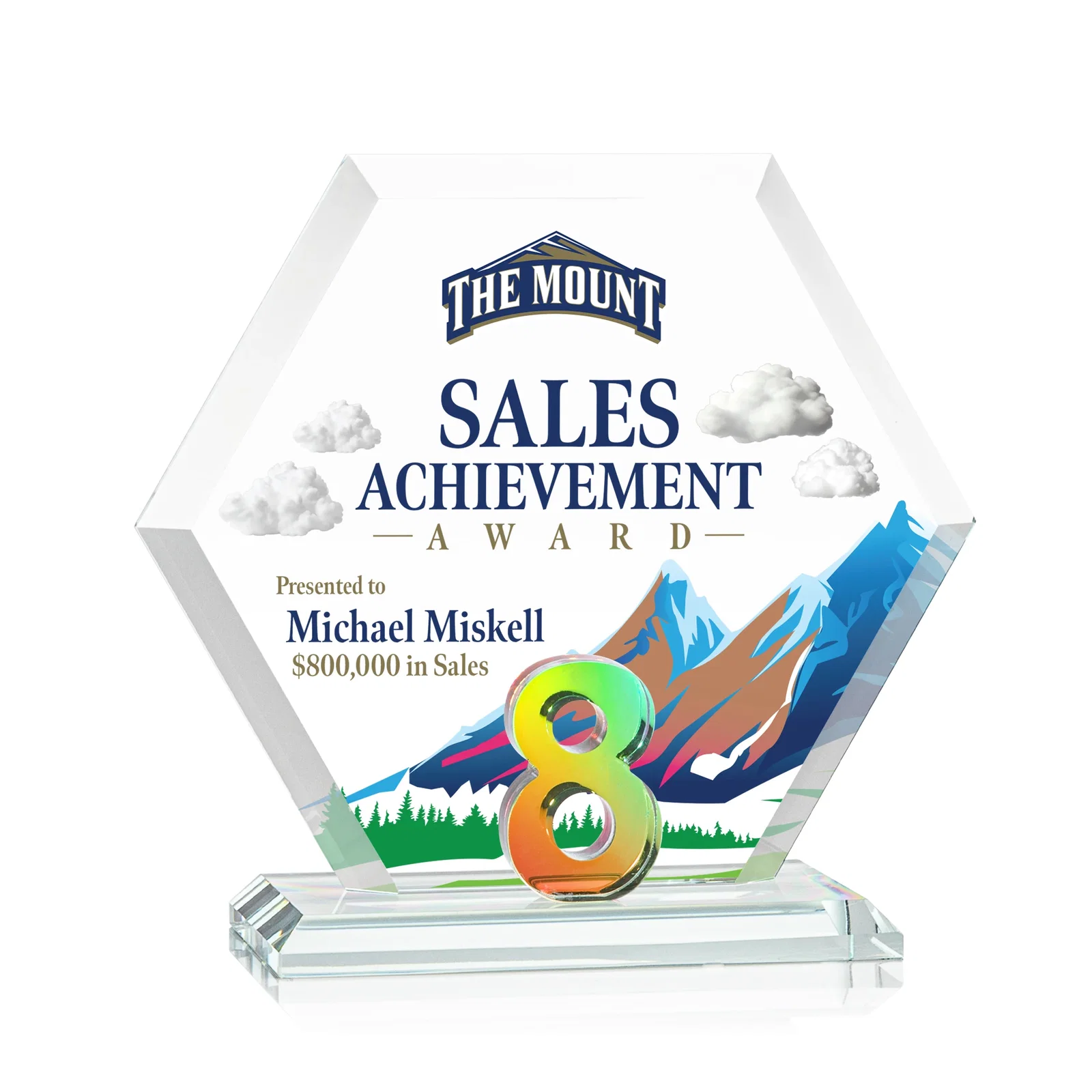 Branded Starfire Crystal Hexagon Award With Selectable Number 0-99, awards for sales achievement awards