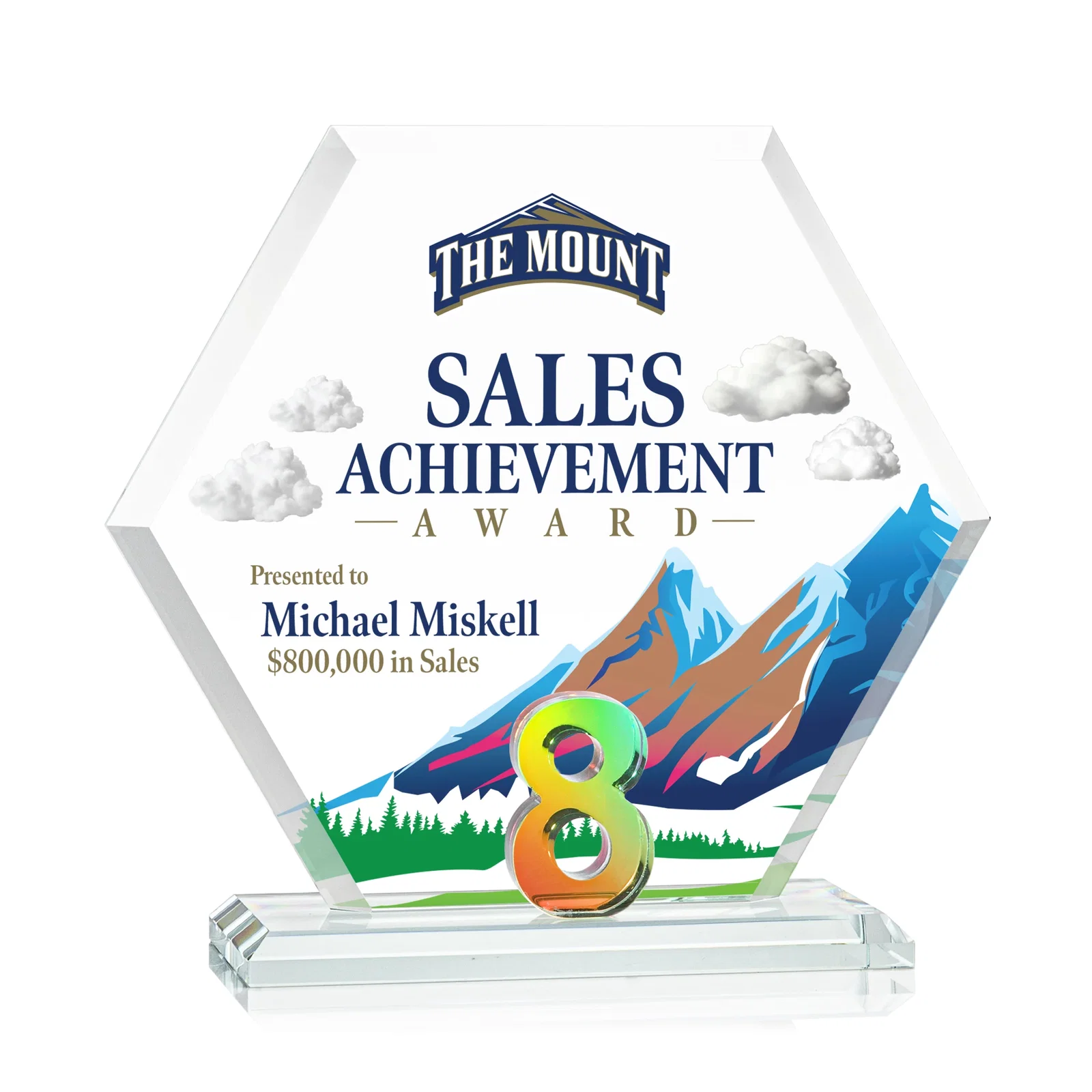 Branded Starfire Crystal Hexagon Award With Selectable Number 0-99, awards for retirement presentations
