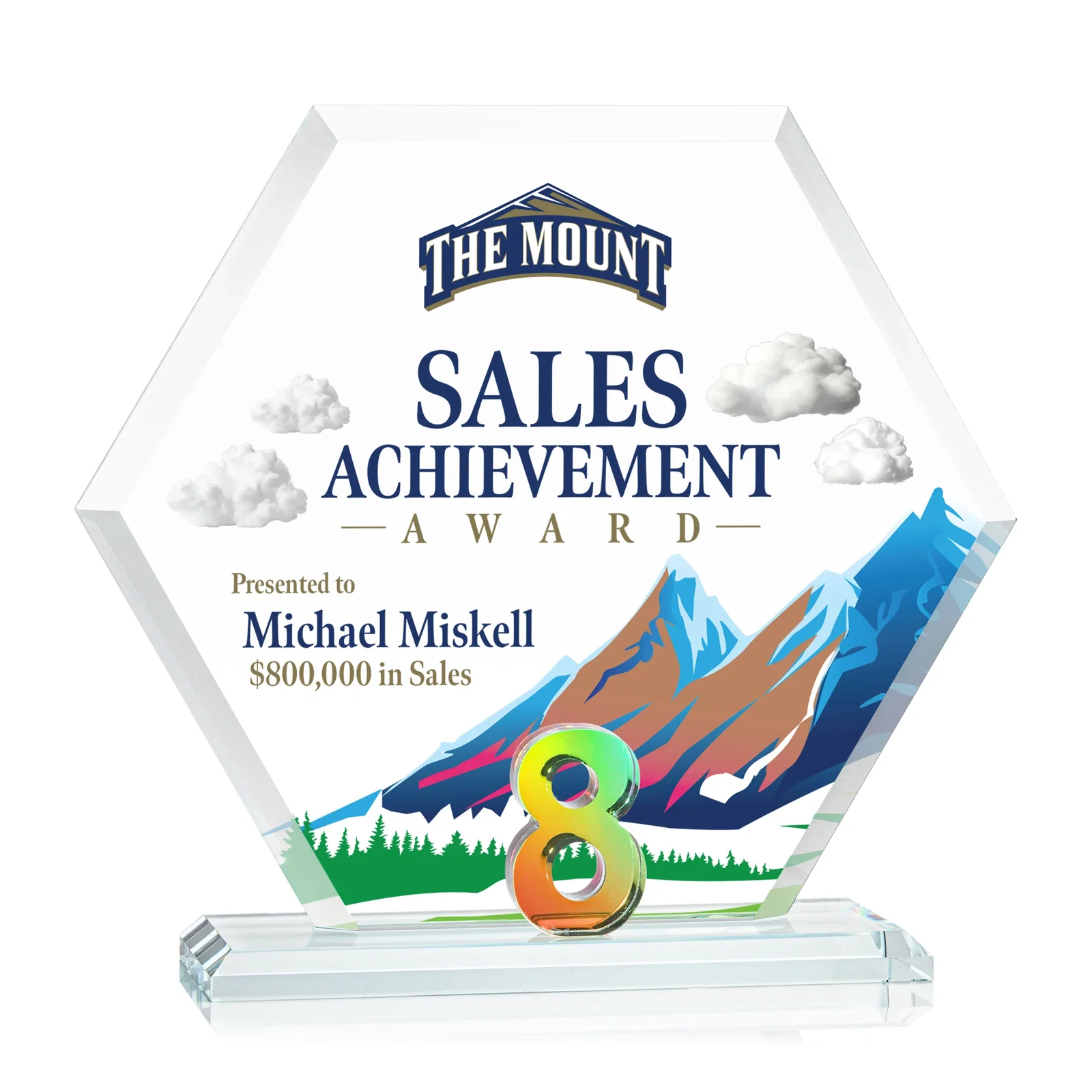 Branded Starfire Crystal Hexagon Award With Selectable Number 0-99, awards for team milestone celebrations