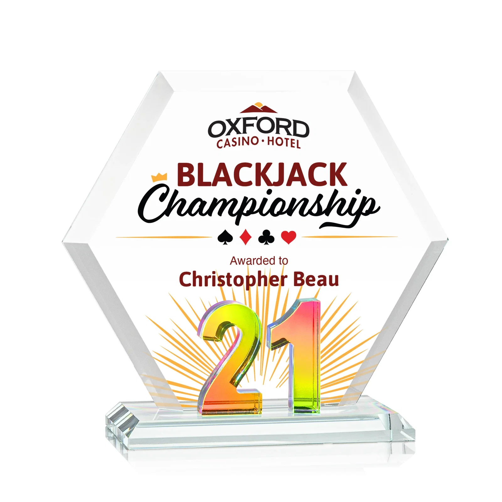 Branded Starfire Crystal Hexagon Award With Selectable Number 0-99, awards for donor appreciation