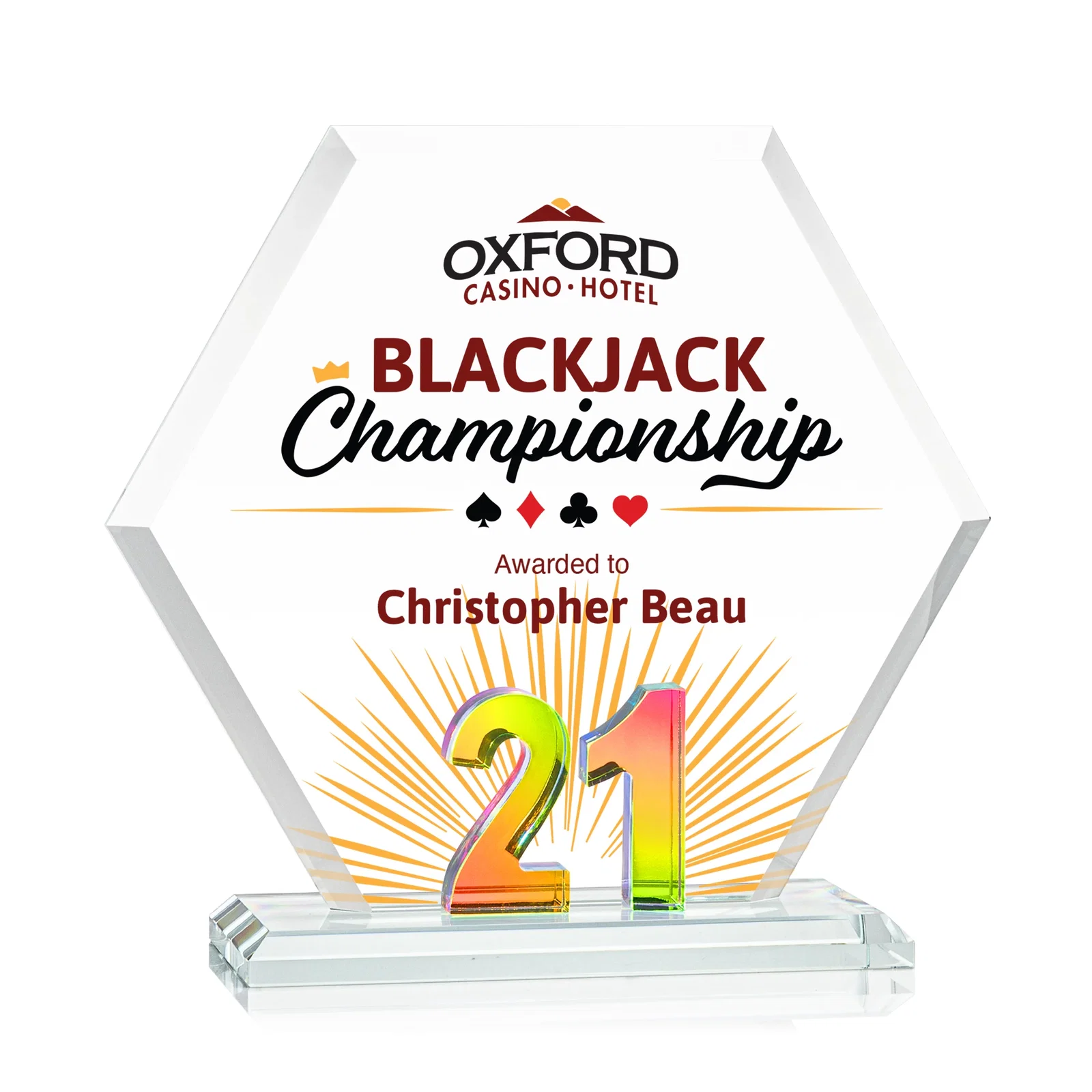 Branded Starfire Crystal Hexagon Award With Selectable Number 0-99, awards for graduation ceremonies