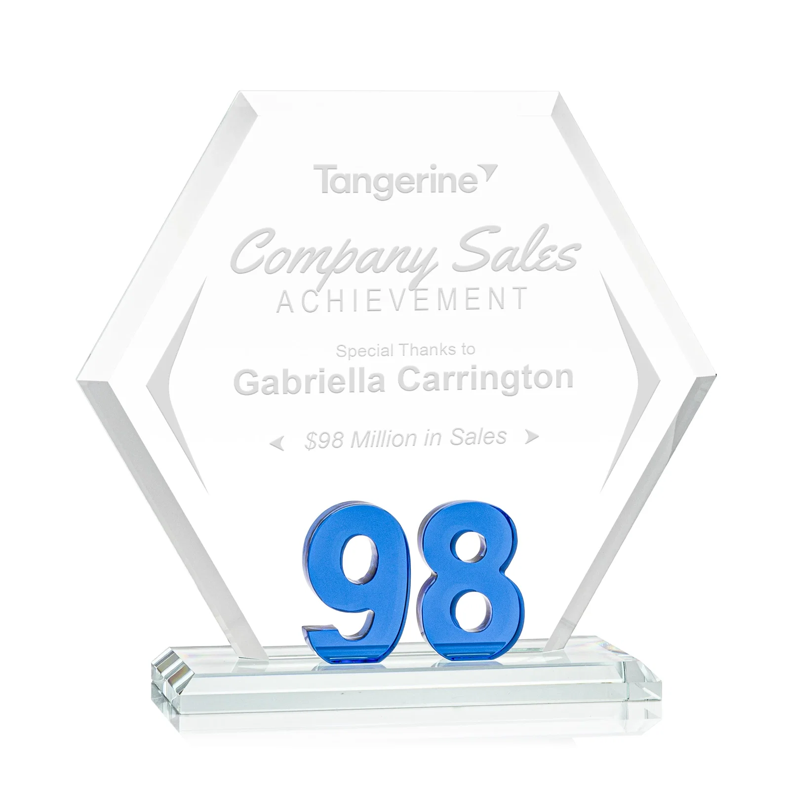 Custom Starfire Crystal Hexagon Award With Selectable Number 0-99, awards for team milestone celebrations