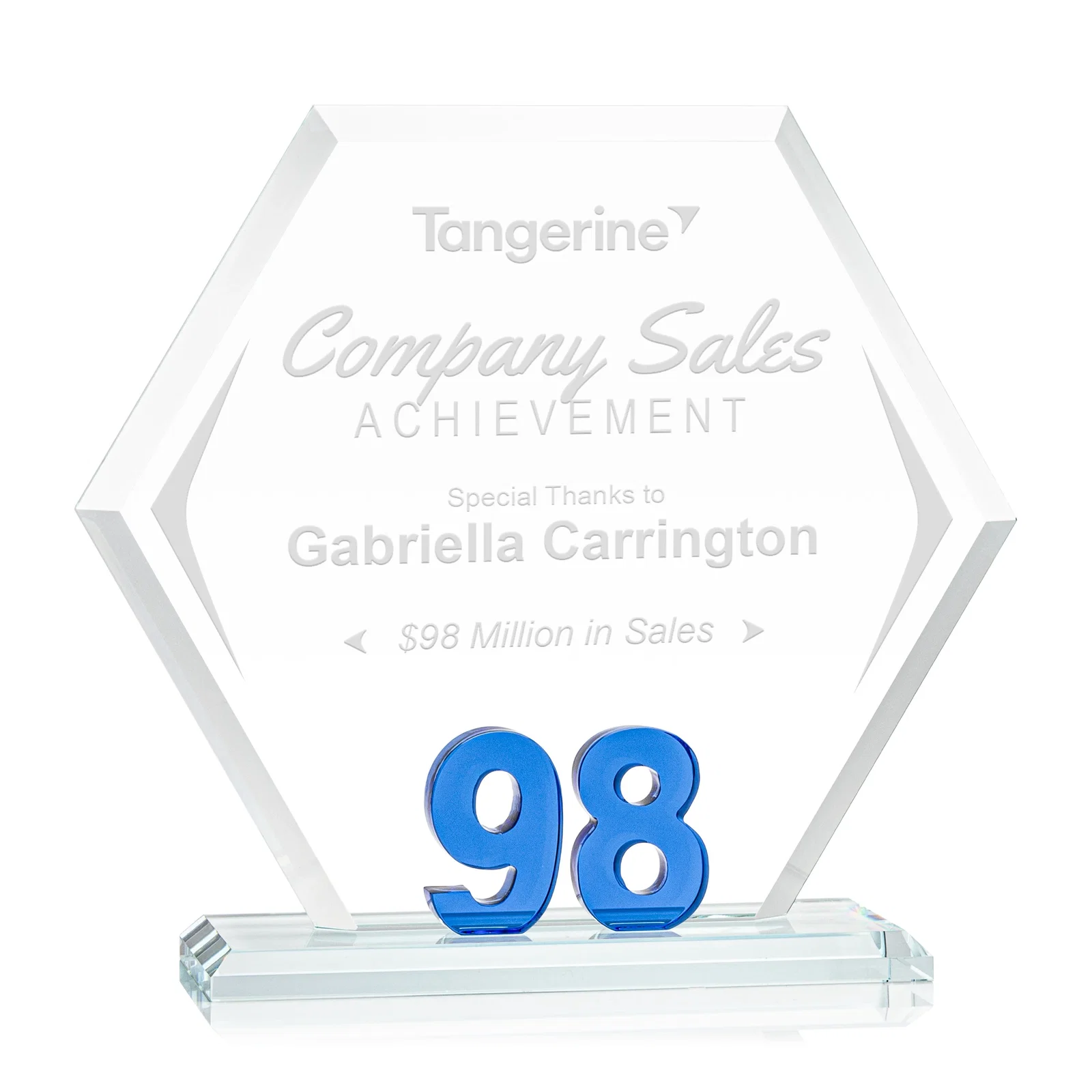 Custom Starfire Crystal Hexagon Award With Selectable Number 0-99, awards for donor appreciation