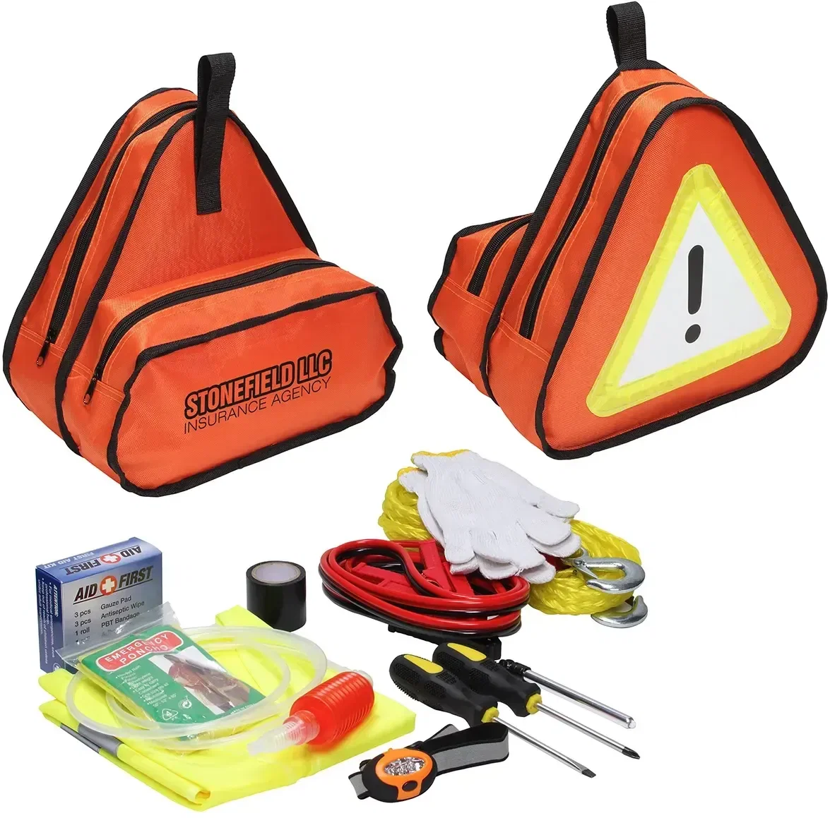 Road Rescue 10-piece custom roadside emergency kit in reflective branded bag, front view
