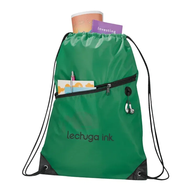 Robin Drawstring Polyester Bag with Front Zipper Pocket — view 4