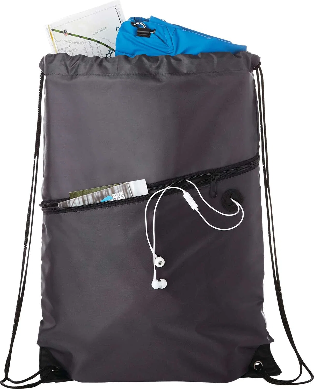 Robin Drawstring Polyester Bag with Front Zipper Pocket — view 38