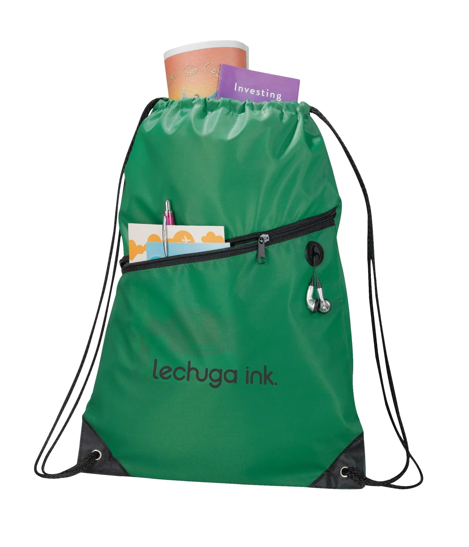 Robin Drawstring Polyester Bag with Front Zipper Pocket — view 45
