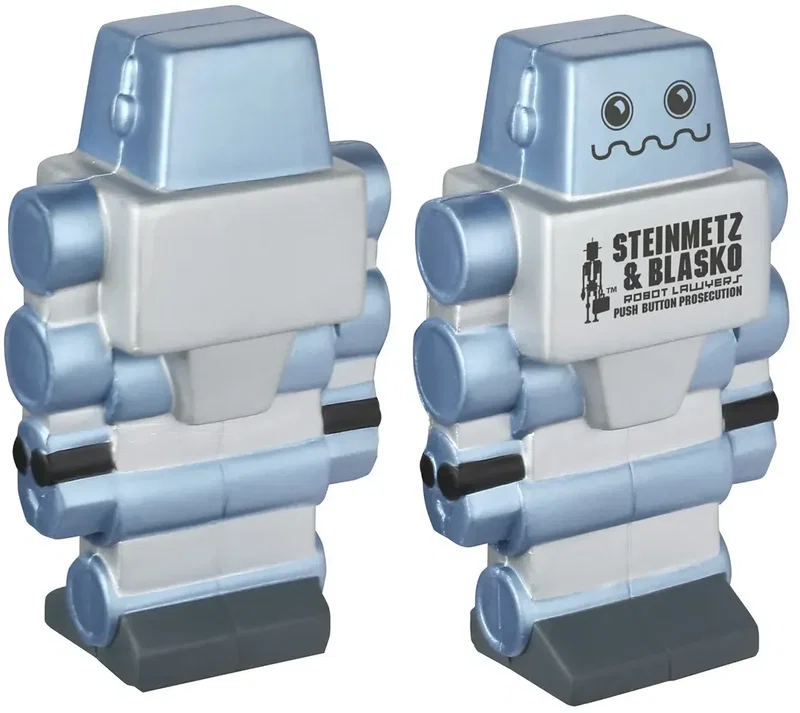 Robot custom promotional stress reliever, retro robot squeeze toy branded with company logo, front view