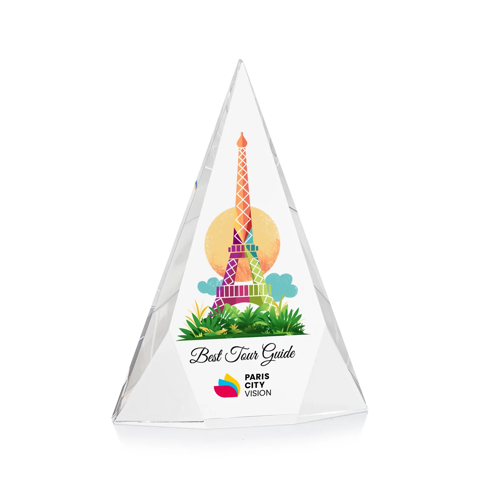 Custom Optical Crystal Pyramid Award with Faceted Diamond Window for dealer and partner awards