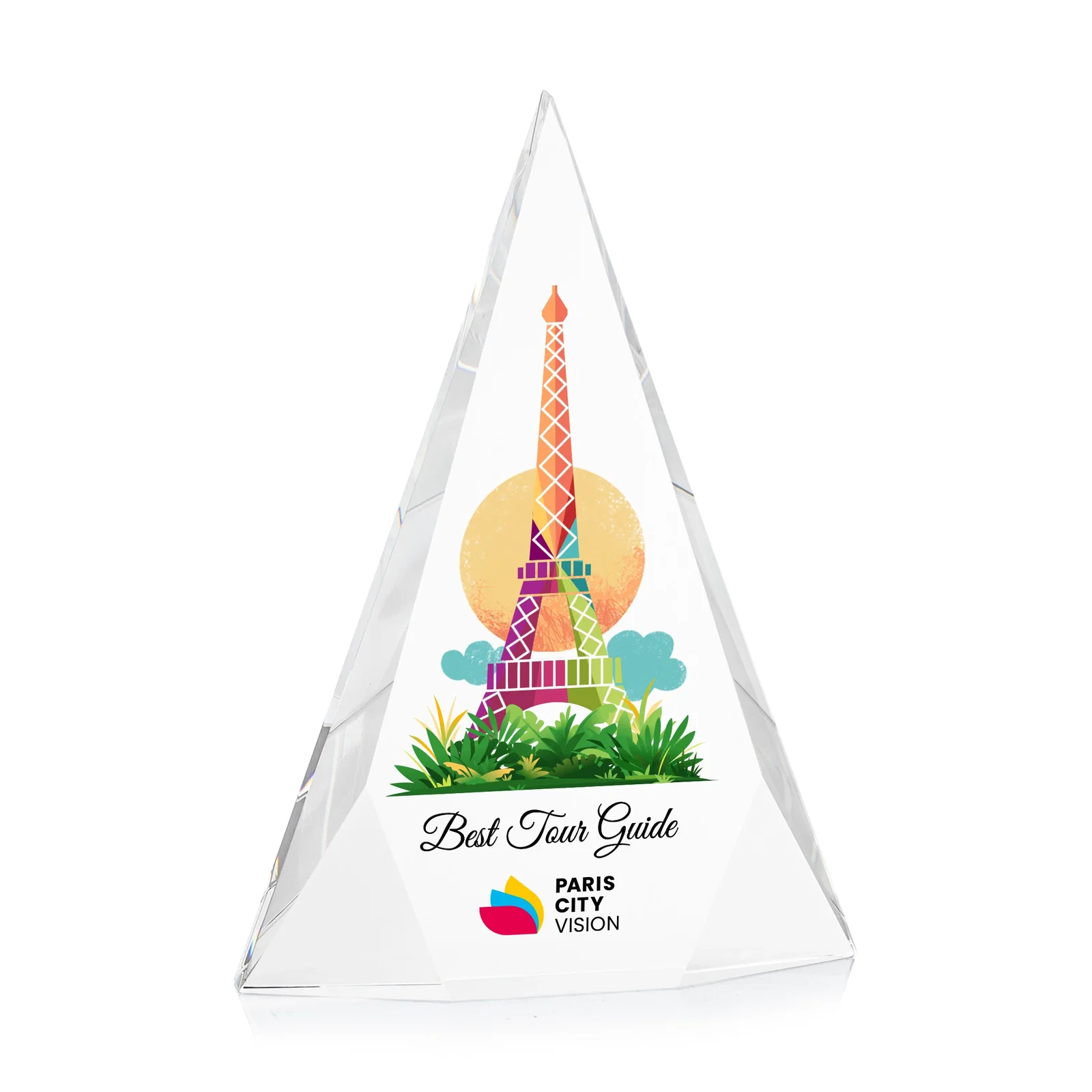 Custom Optical Crystal Pyramid Award with Faceted Diamond Window for company anniversary events