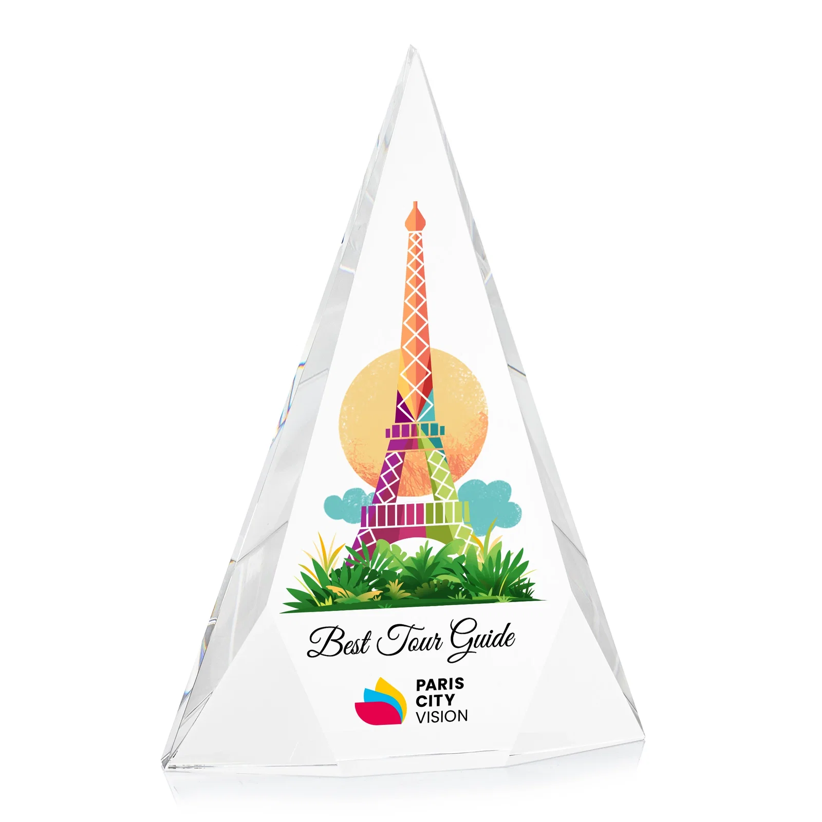 Personalized Optical Crystal Pyramid Award with Faceted Diamond Window for employee recognition