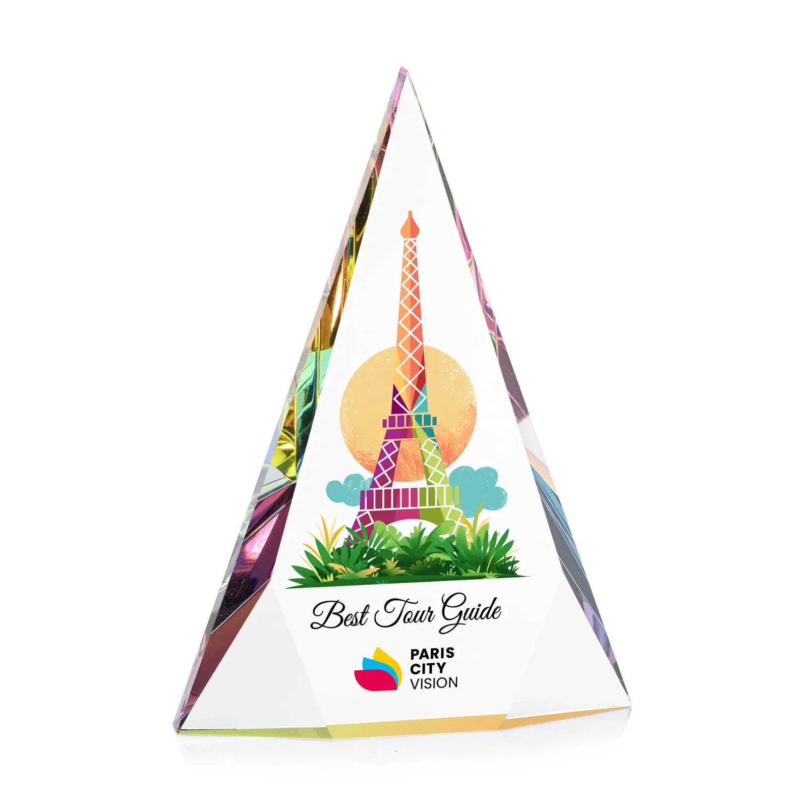 Personalized Optical Crystal Pyramid Award with Faceted Diamond Window for sales achievement awards