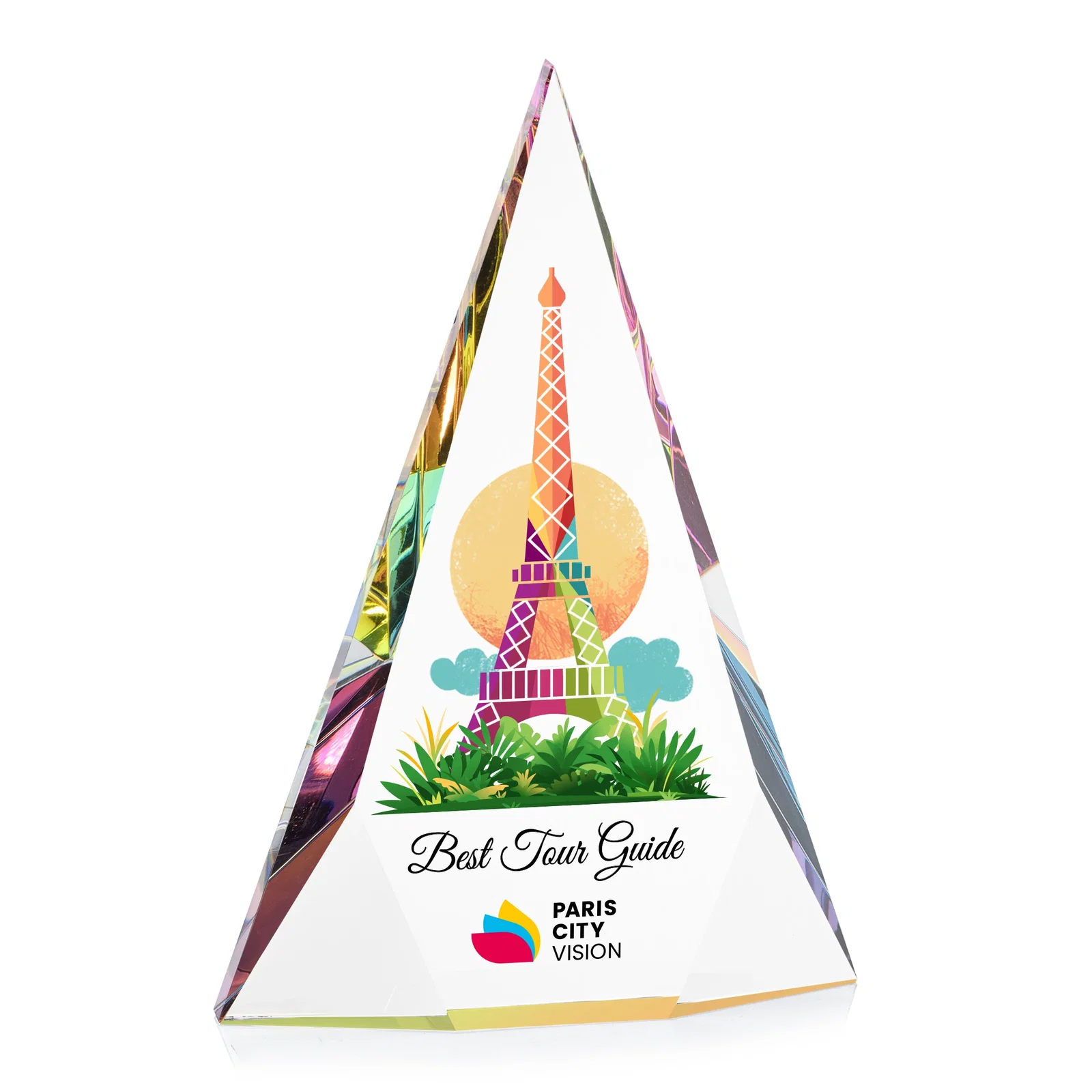 Personalized Optical Crystal Pyramid Award with Faceted Diamond Window for retirement presentations