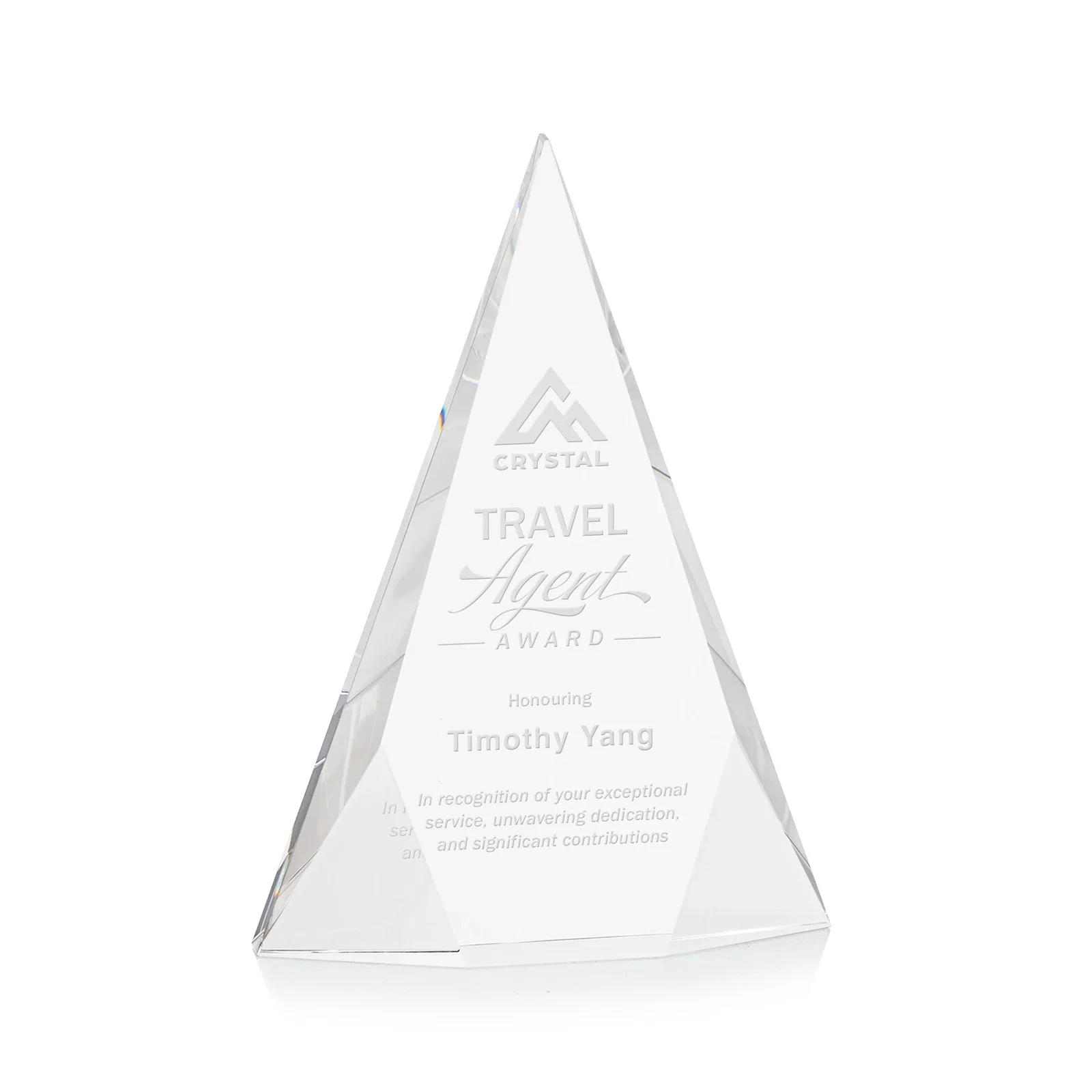 Custom Optical Crystal Pyramid Award with Faceted Diamond Window for corporate award ceremonies