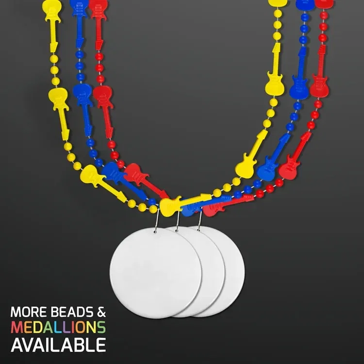 Rock Guitar Necklace Mardi Gras Beads with White Medallion — view 3