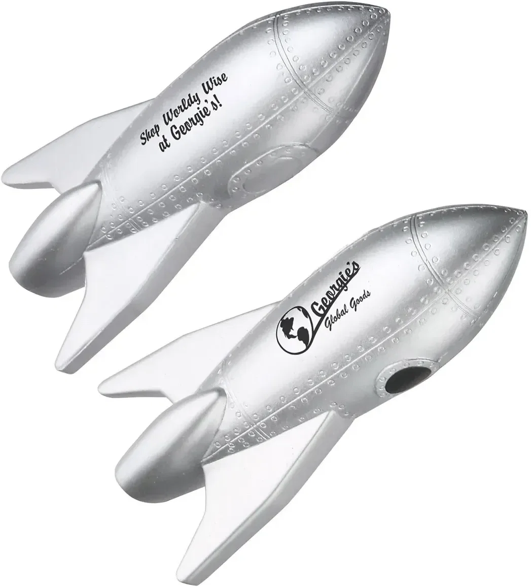 Custom rocket-shaped promotional stress reliever squeeze toy for branded STEM program giveaways