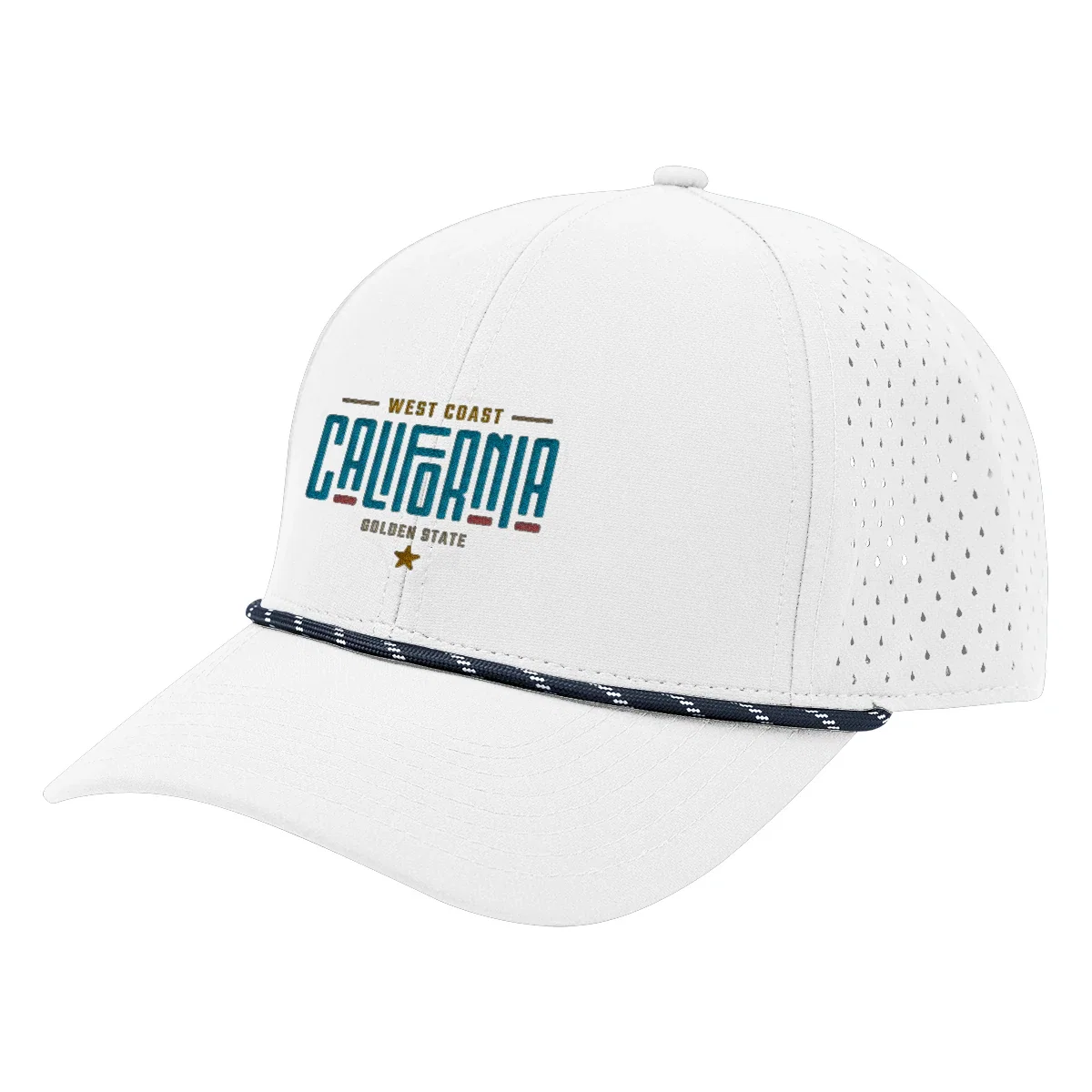 Curved brim viewed from the side above the rope trim