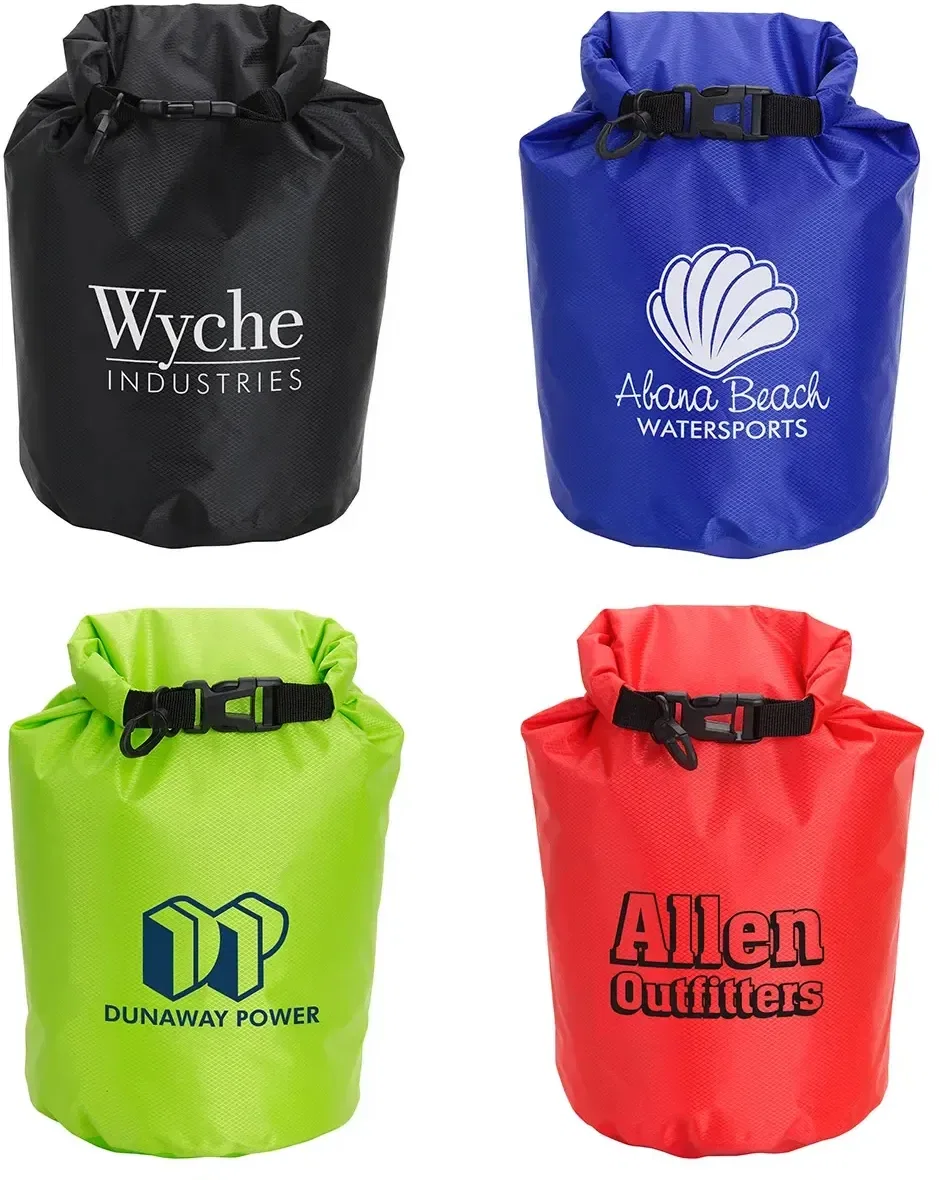 Roll-Top 5-liter custom waterproof gear bag front view, branded dry bag for boating and camping
