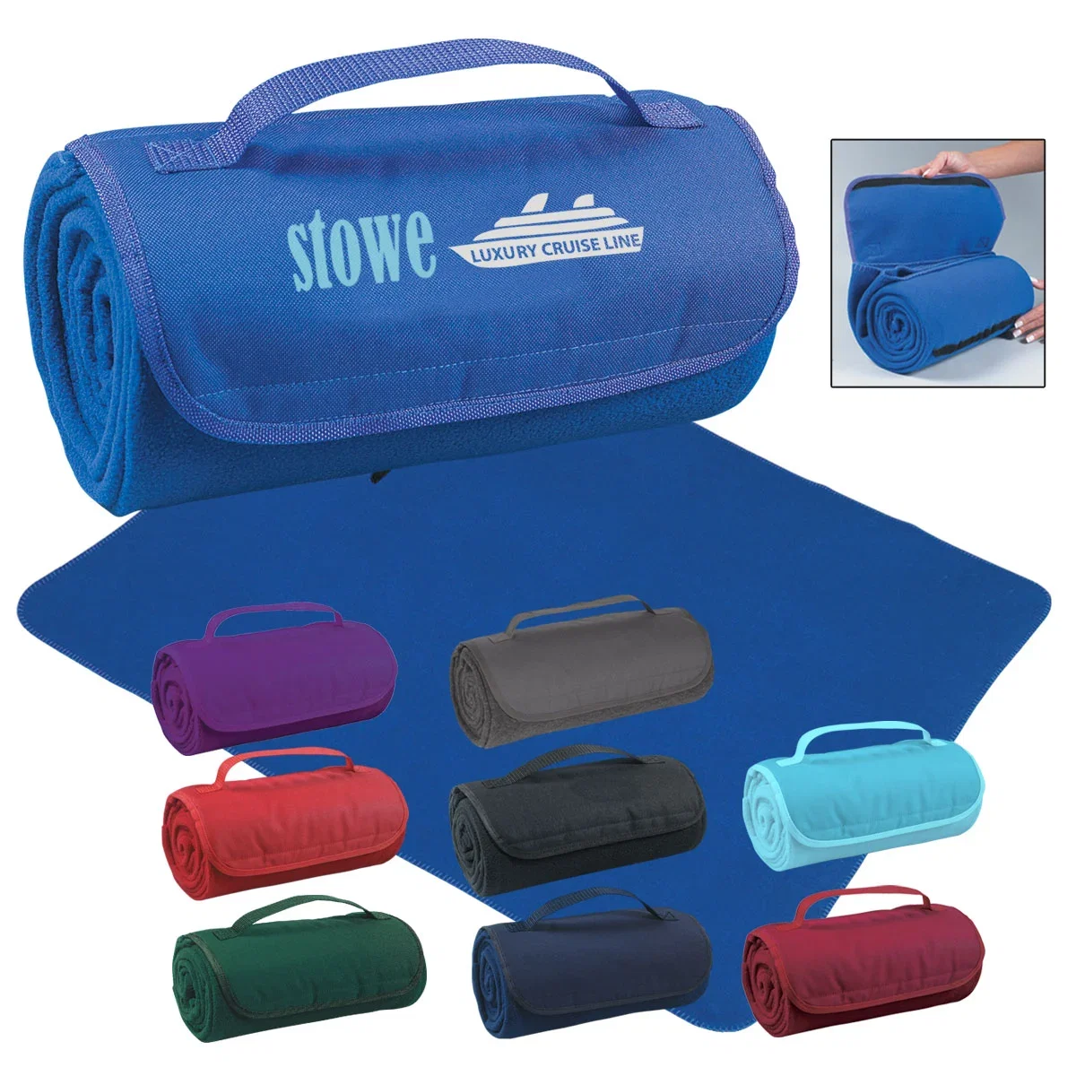 Custom roll-up blanket shown bundled for easy carrying