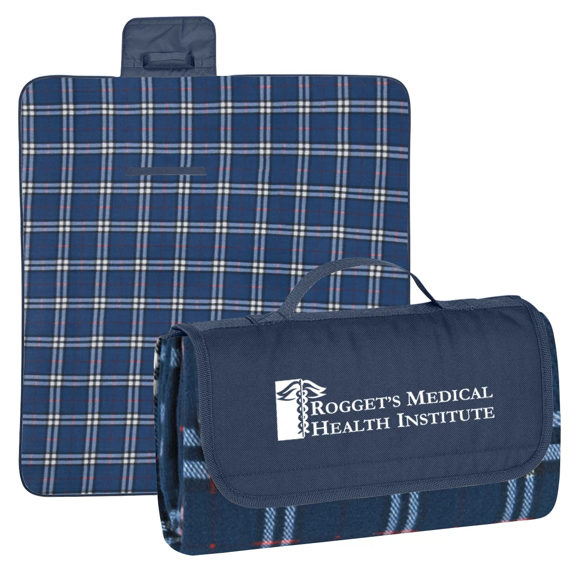 Plaid picnic blanket rolled into a compact twelve-inch bundle