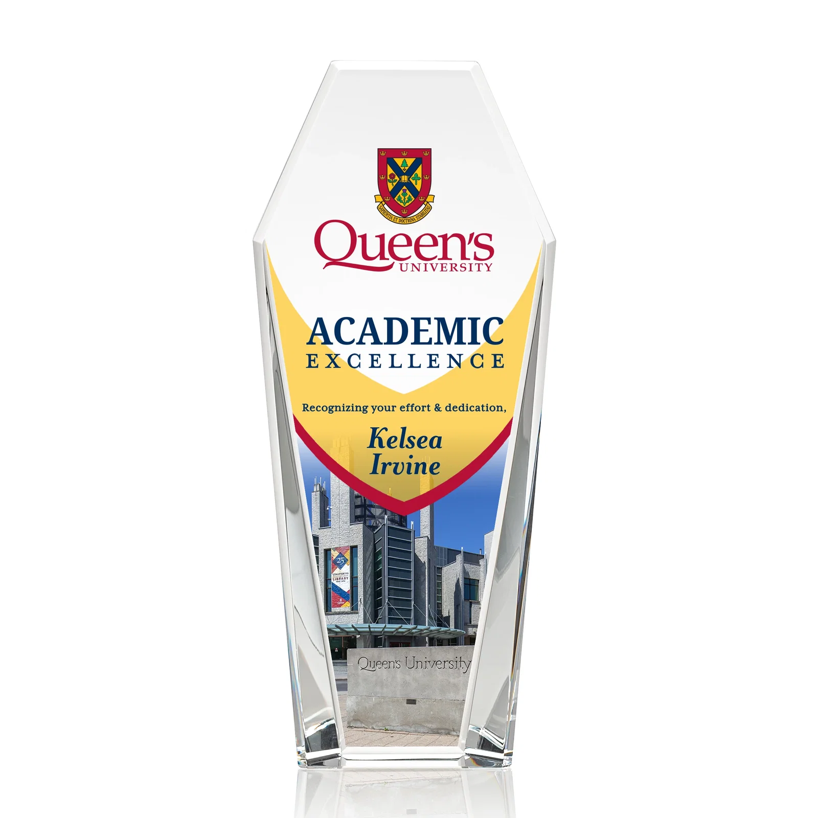 Custom Double-Bevel Optical Crystal Award With Notched Top, awards for graduation ceremonies