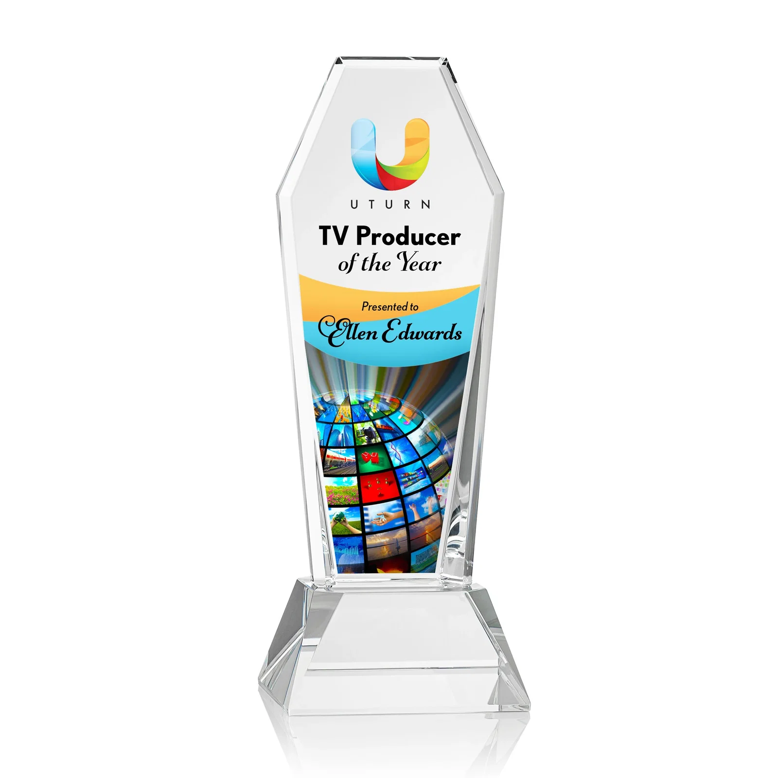 Personalized Optical Crystal Tower Award with Double-Beveled Edges, awards for donor appreciation