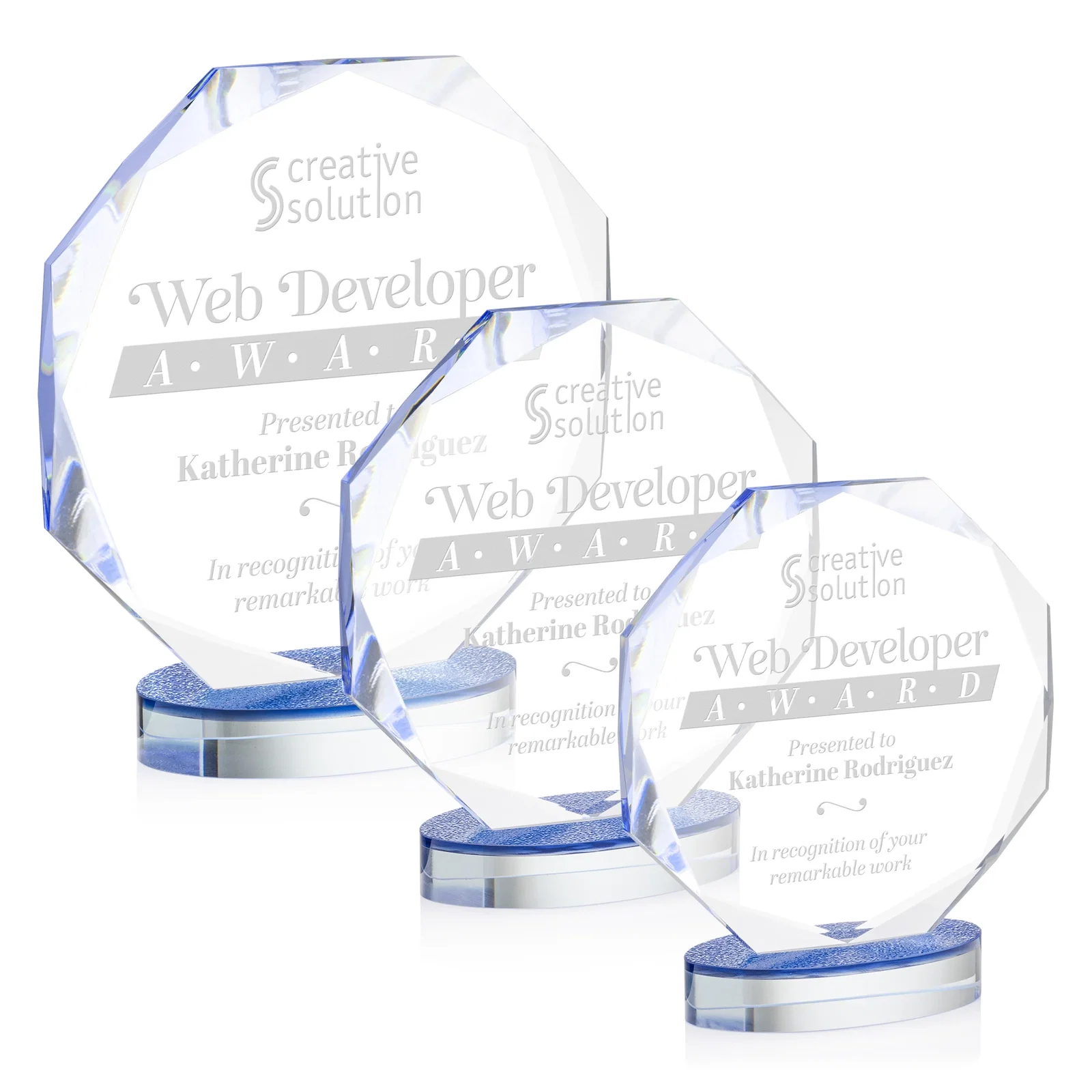 Custom Starfire Crystal Octagon Award on Textured Sapphire Base, awards for employee recognition
