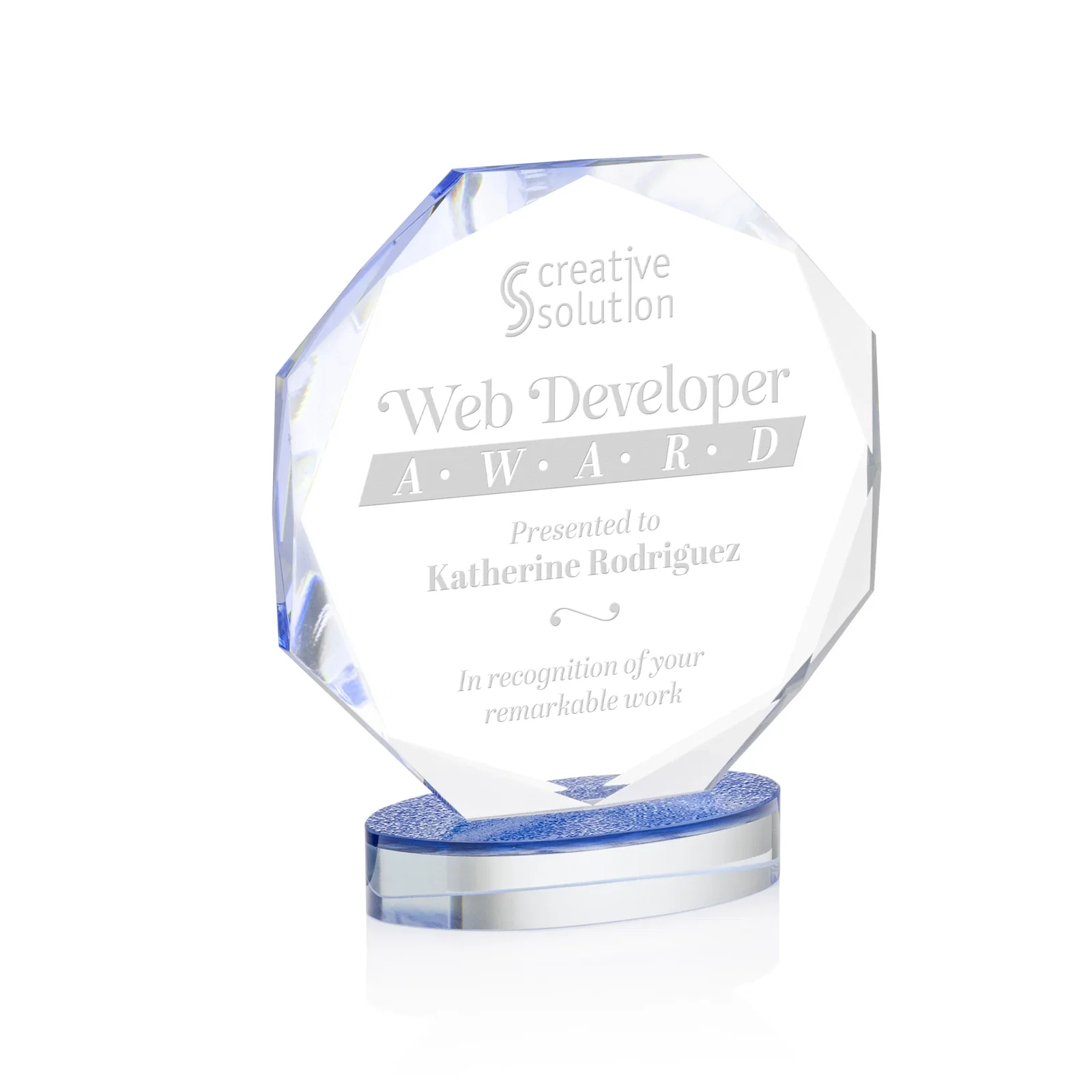 Custom Starfire Crystal Octagon Award on Textured Sapphire Base, awards for corporate award ceremonies