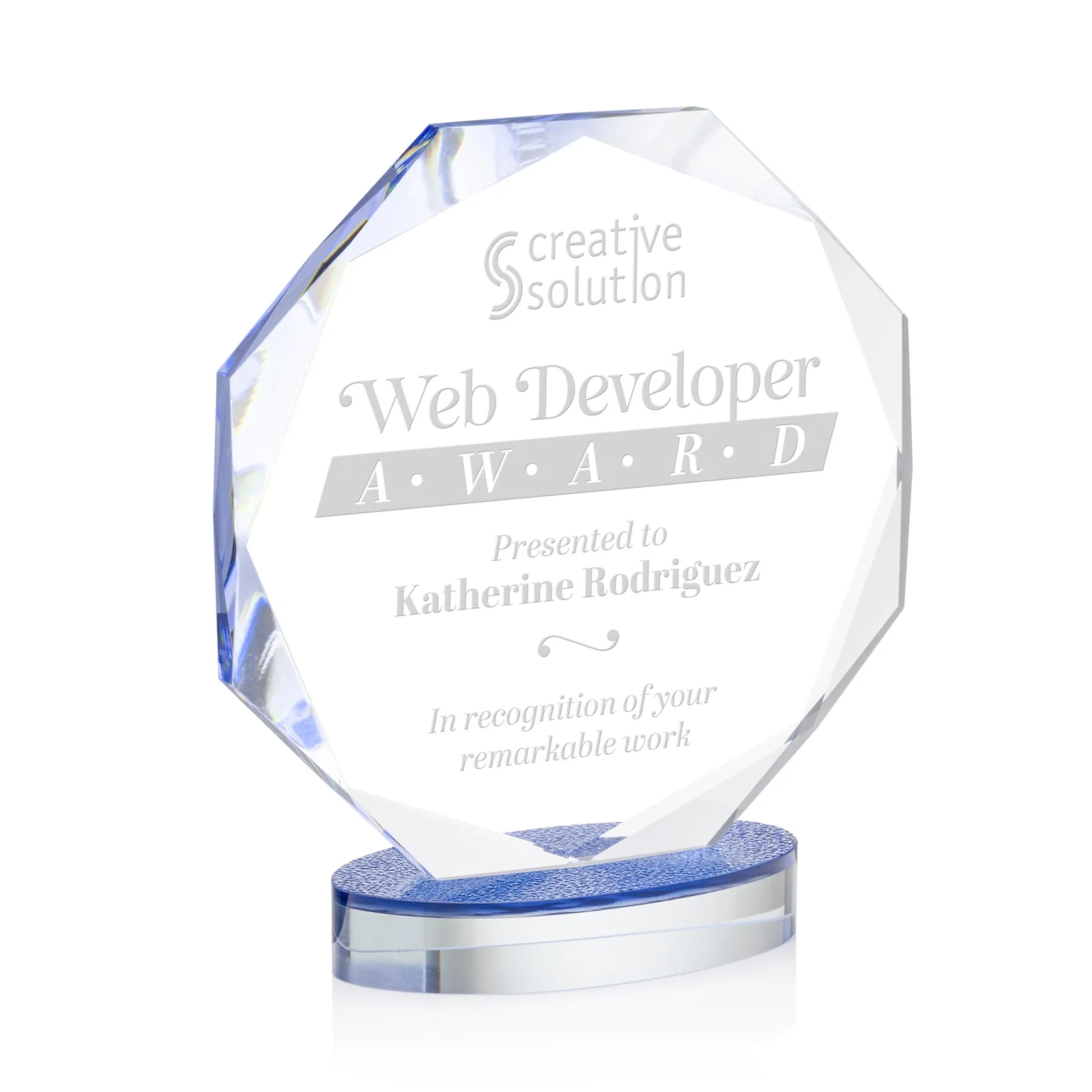 Custom Starfire Crystal Octagon Award on Textured Sapphire Base, awards for service anniversary gifts