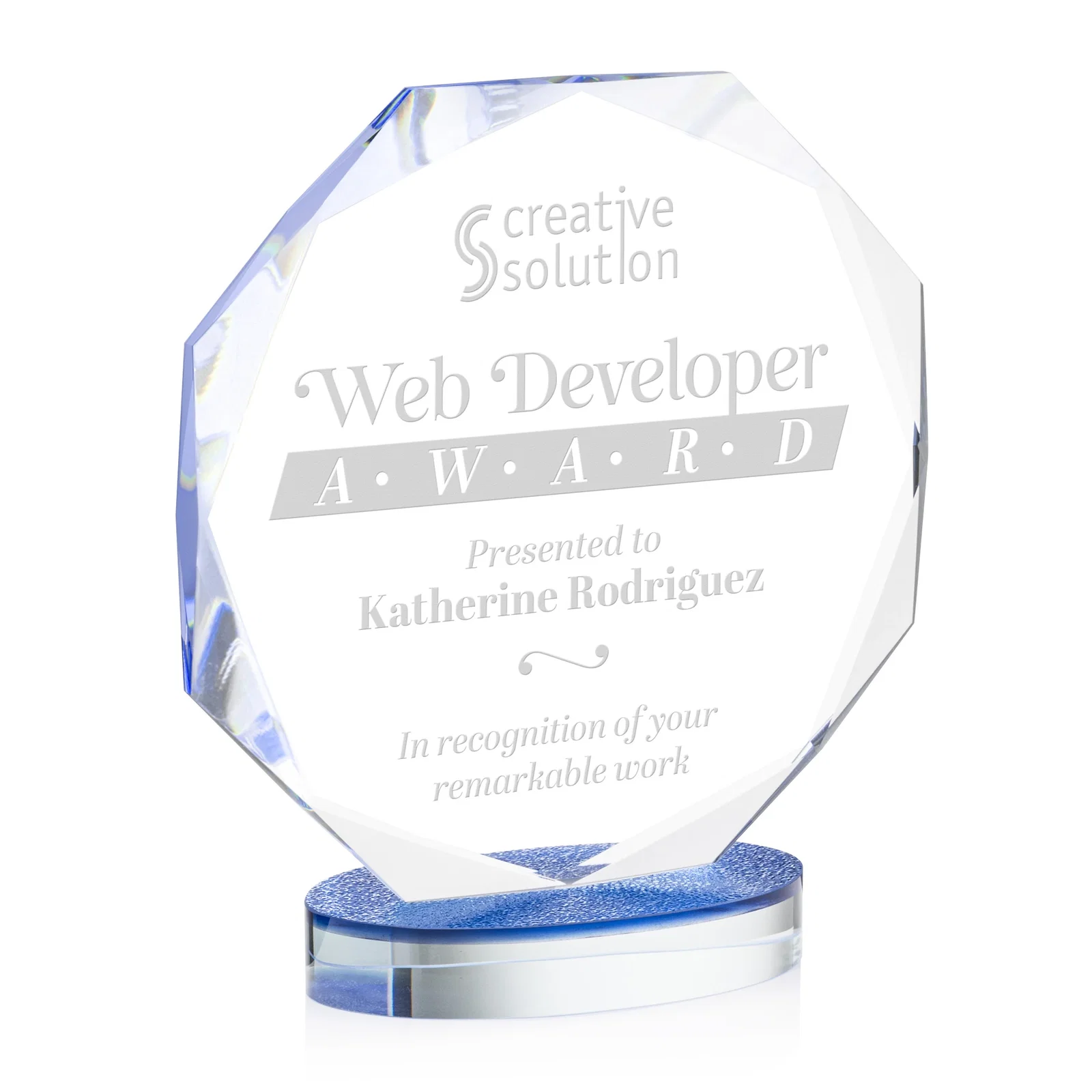 Custom Starfire Crystal Octagon Award on Textured Sapphire Base, awards for sales achievement awards