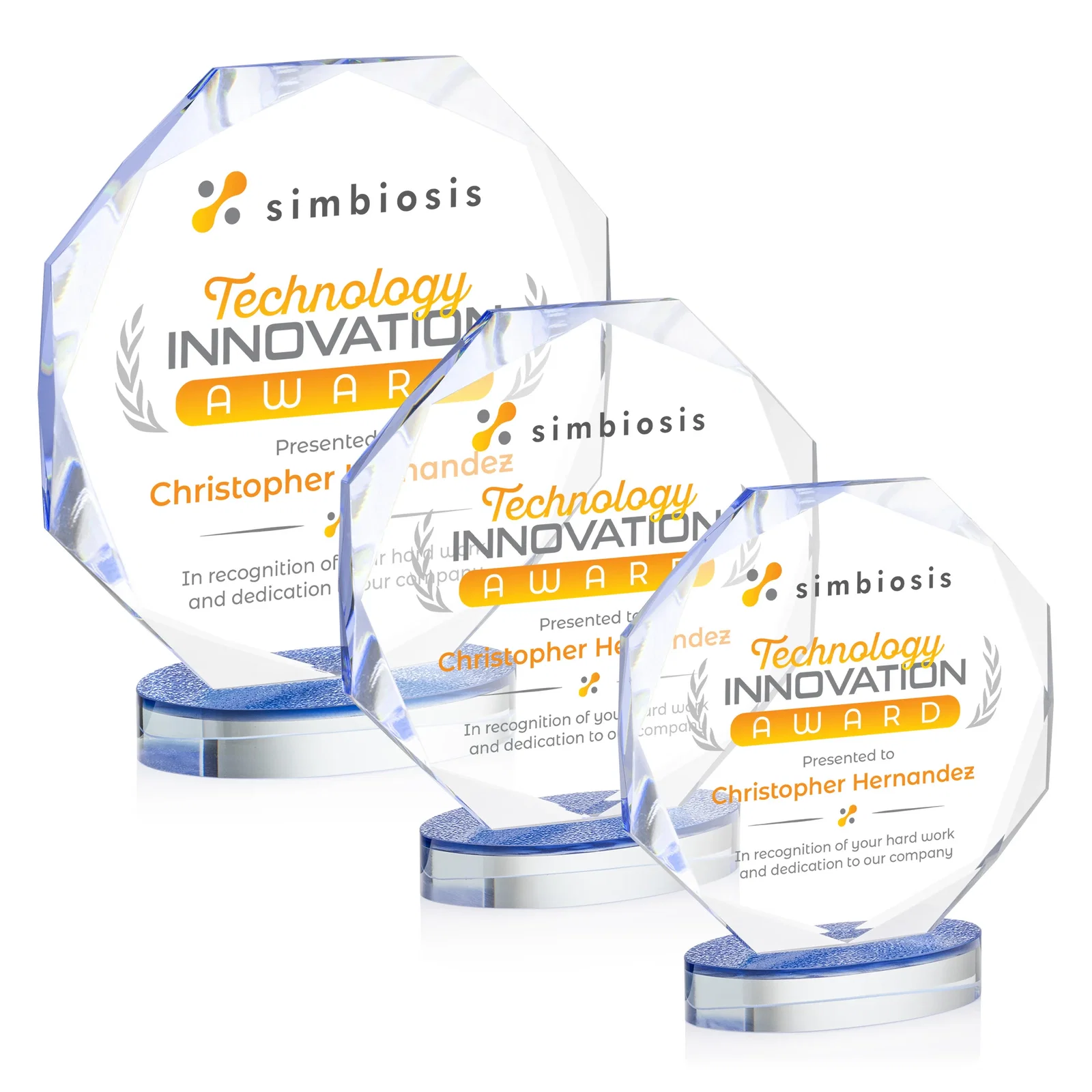 Custom Starfire Crystal Octagon Award on Textured Sapphire Base, awards for team milestone celebrations