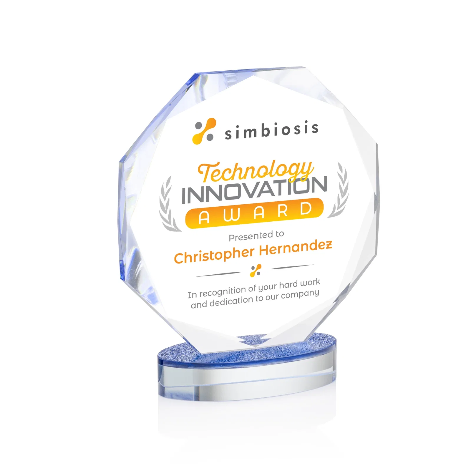 Custom Starfire Crystal Octagon Award on Textured Sapphire Base, awards for donor appreciation