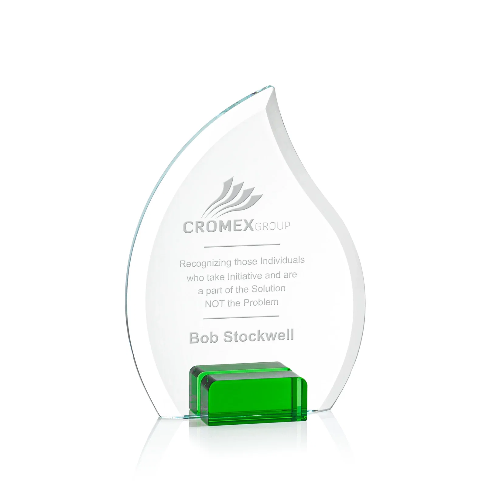 Custom Starfire Crystal Flame Award Held Between Sapphire Panes for volunteer appreciation