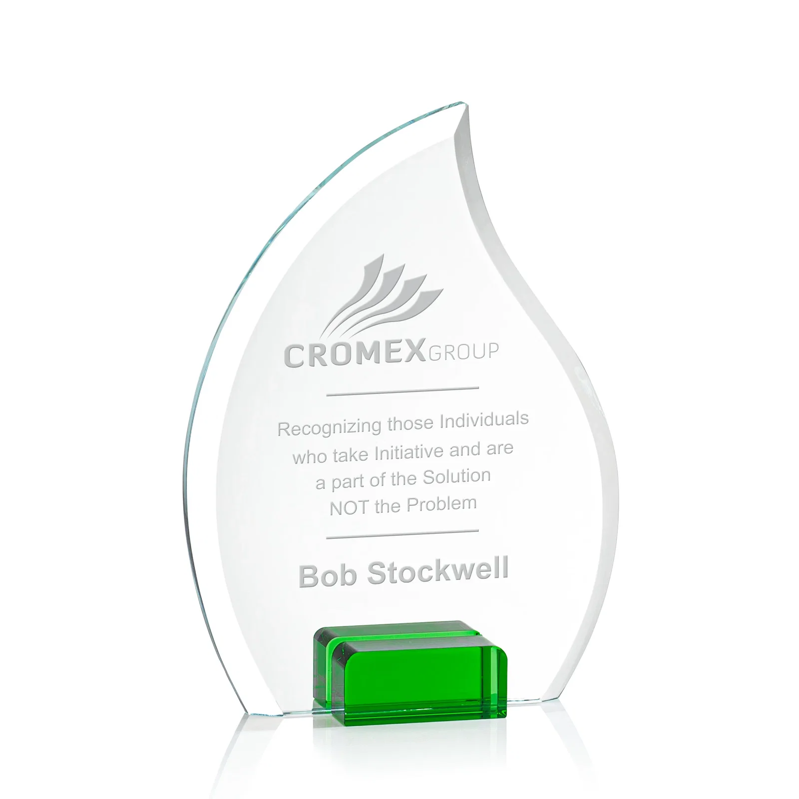 Custom Starfire Crystal Flame Award Held Between Sapphire Panes for dealer and partner awards