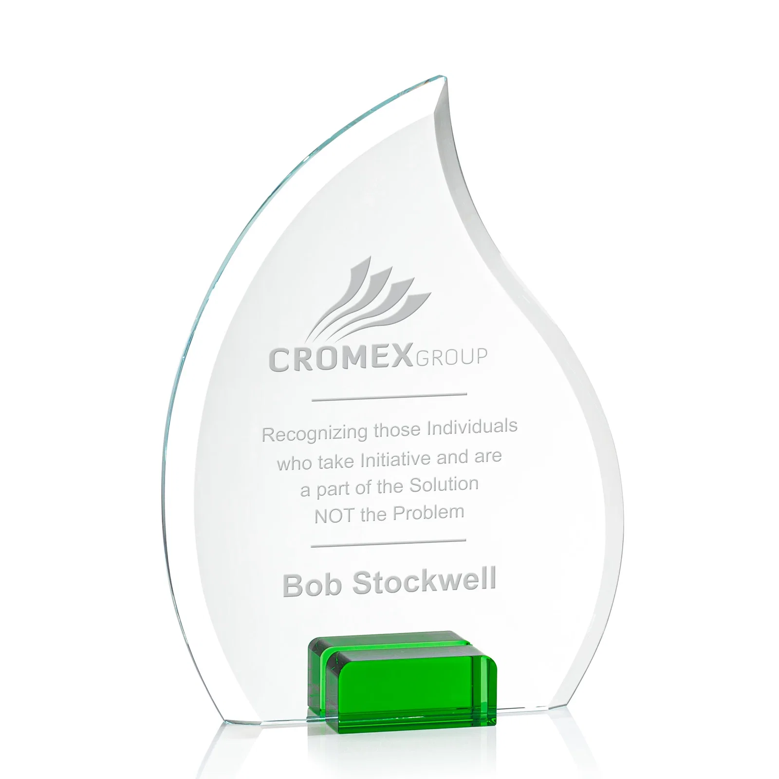 Custom Starfire Crystal Flame Award Held Between Sapphire Panes for company anniversary events