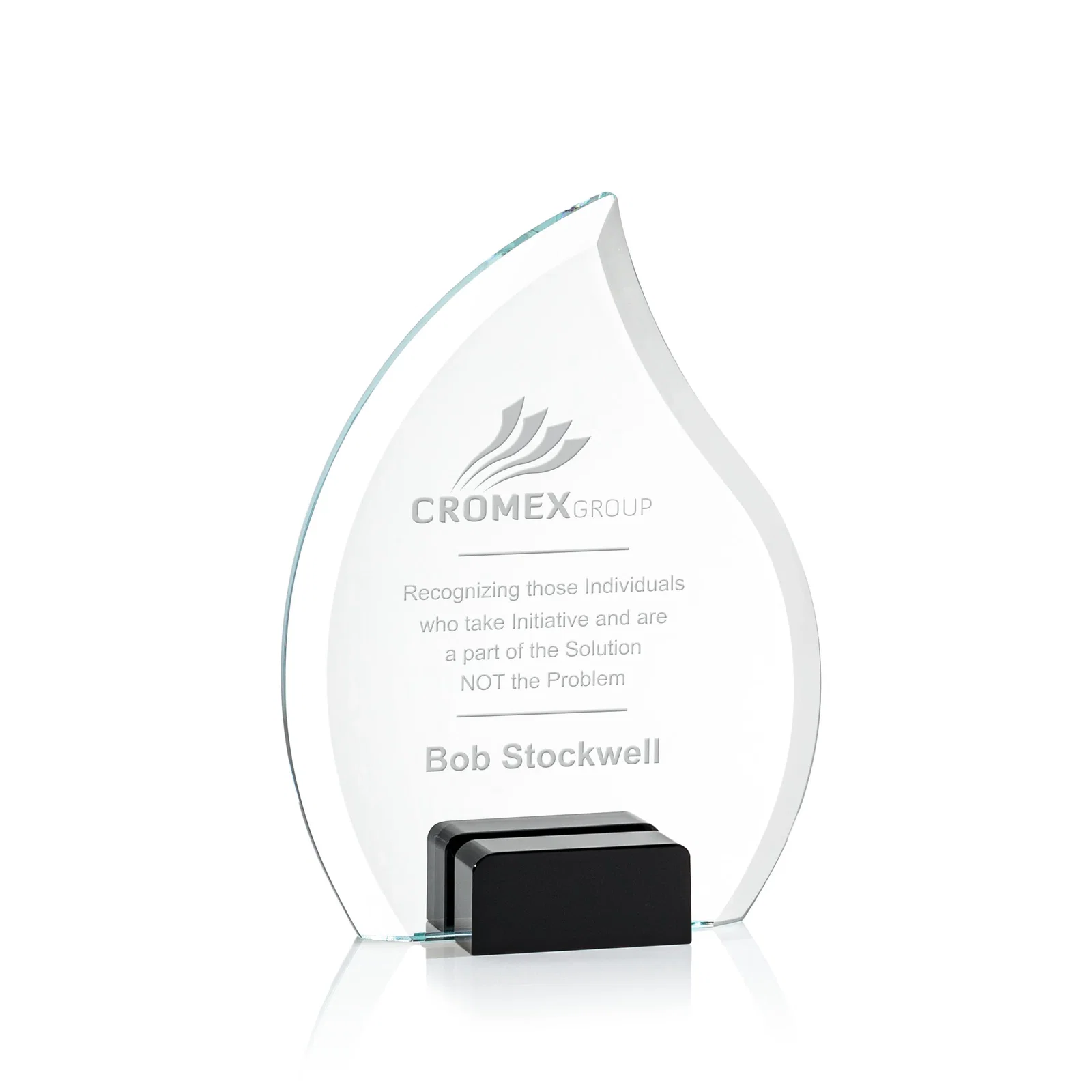 Personalized Starfire Crystal Flame Award Held Between Sapphire Panes for corporate award ceremonies