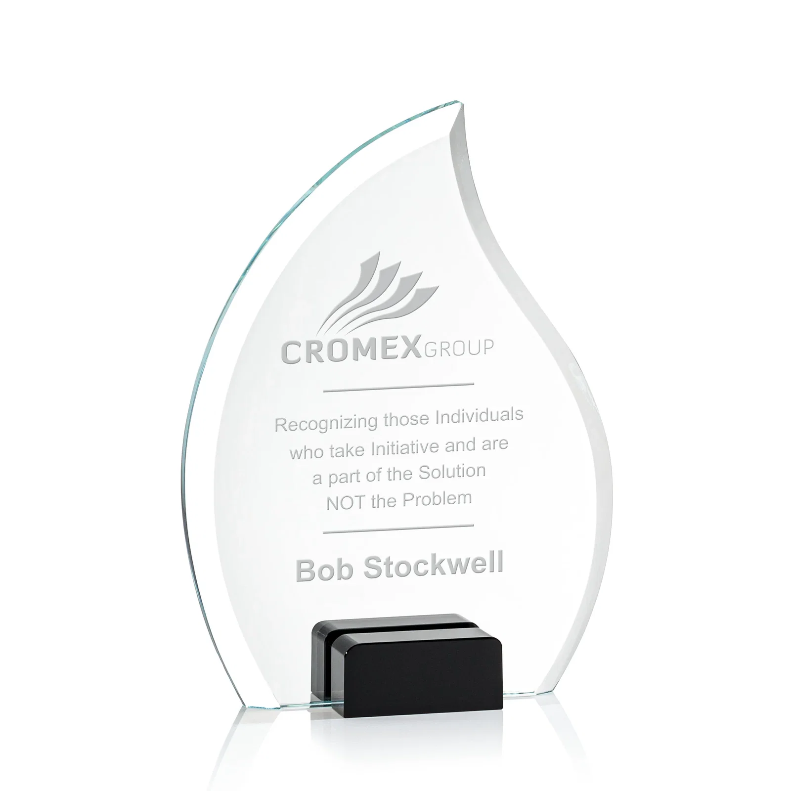 Personalized Starfire Crystal Flame Award Held Between Sapphire Panes for service anniversary gifts