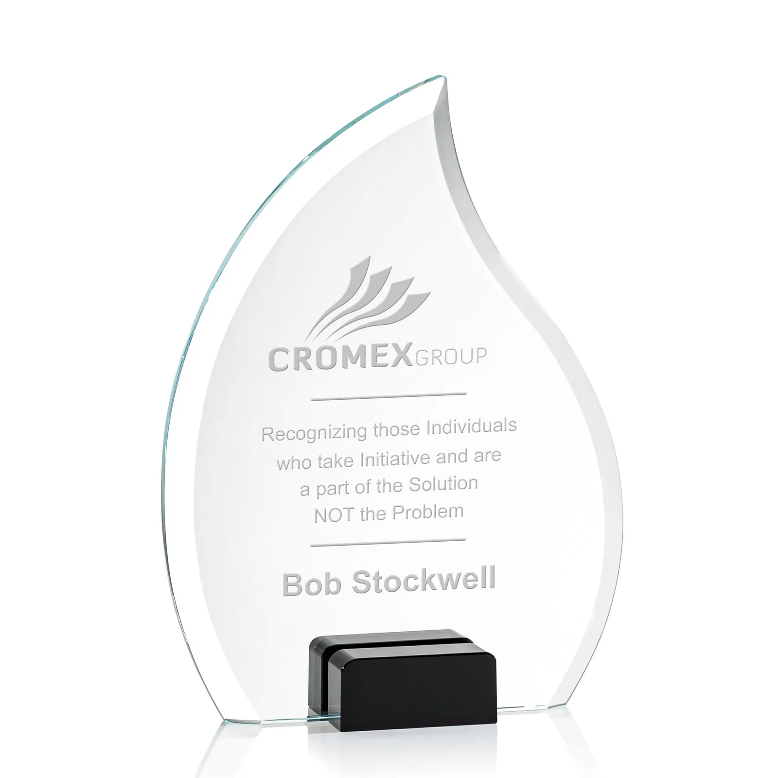 Personalized Starfire Crystal Flame Award Held Between Sapphire Panes for sales achievement awards