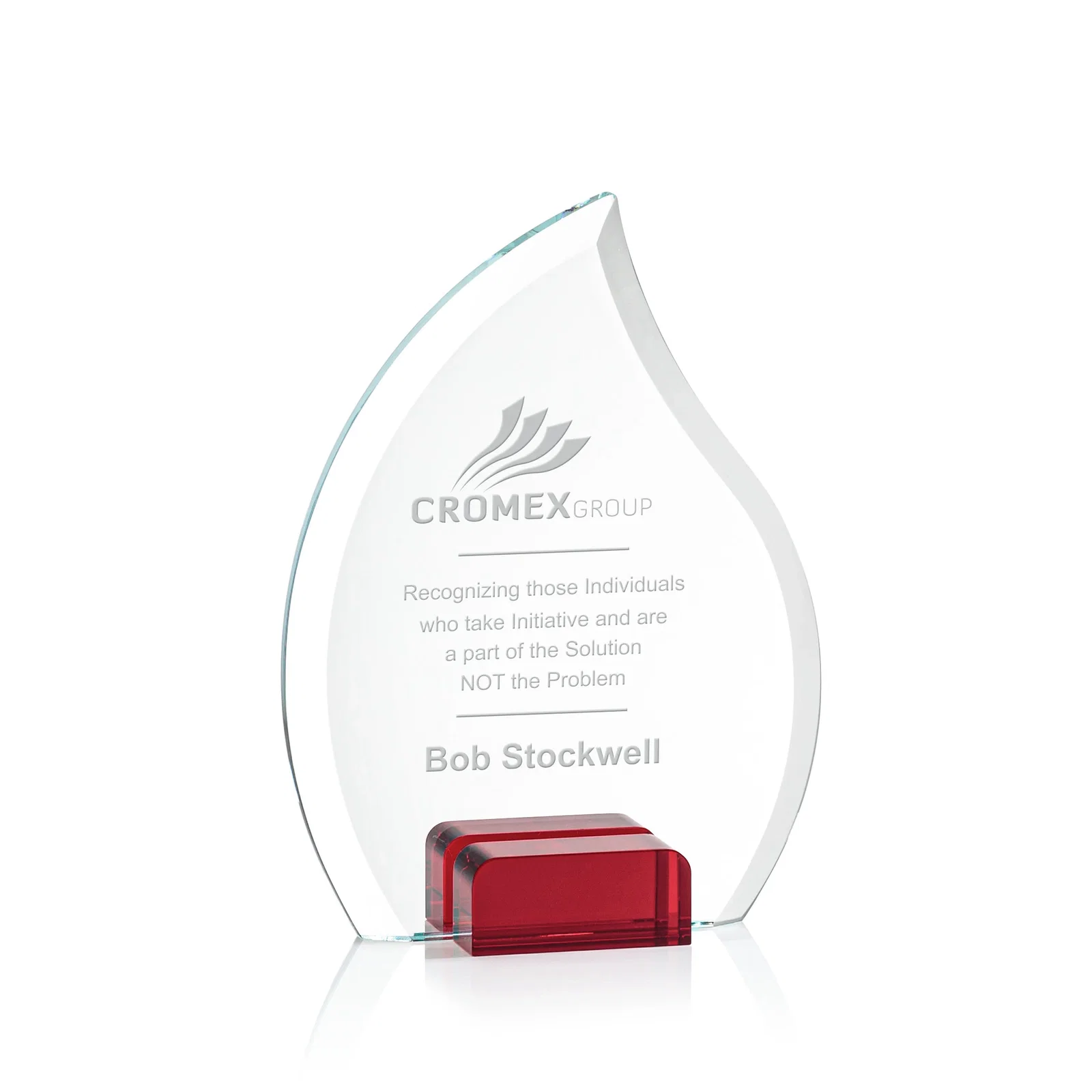 Personalized Starfire Crystal Flame Award Held Between Sapphire Panes for team milestone celebrations