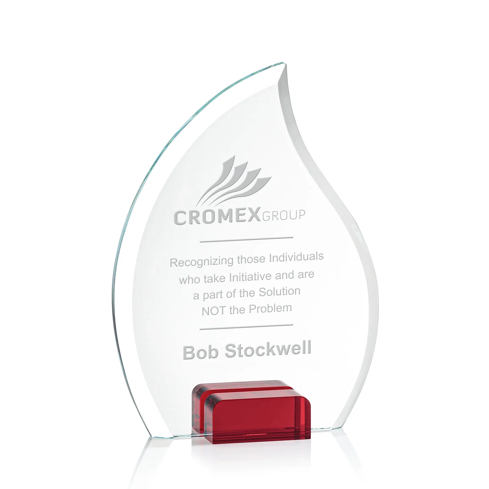 Personalized Starfire Crystal Flame Award Held Between Sapphire Panes for donor appreciation