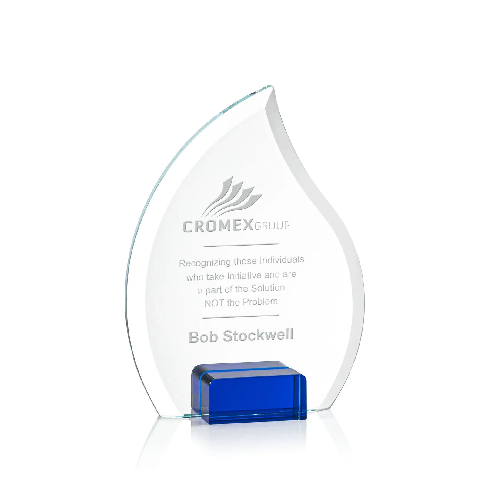 Custom Starfire Crystal Flame Award Held Between Sapphire Panes for corporate award ceremonies
