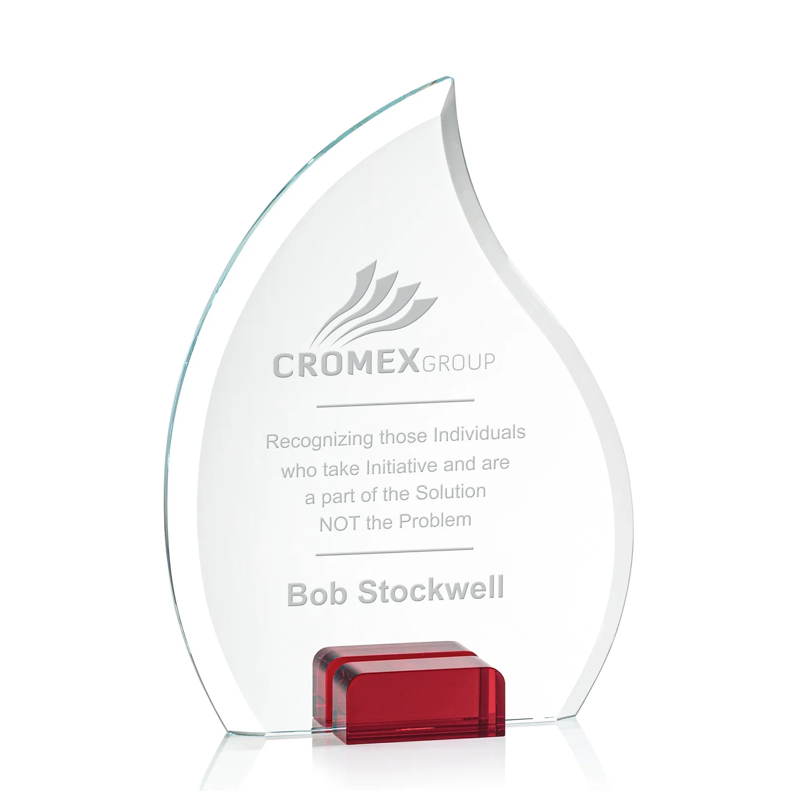 Personalized Starfire Crystal Flame Award Held Between Sapphire Panes for graduation ceremonies