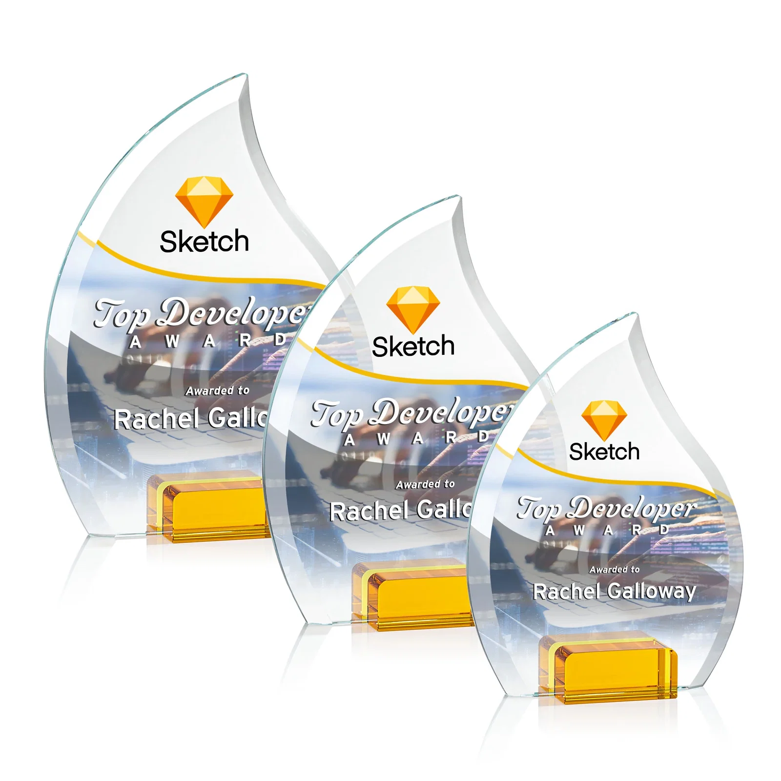 Personalized Starfire Crystal Flame Award Held Between Sapphire Panes for safety achievement programs