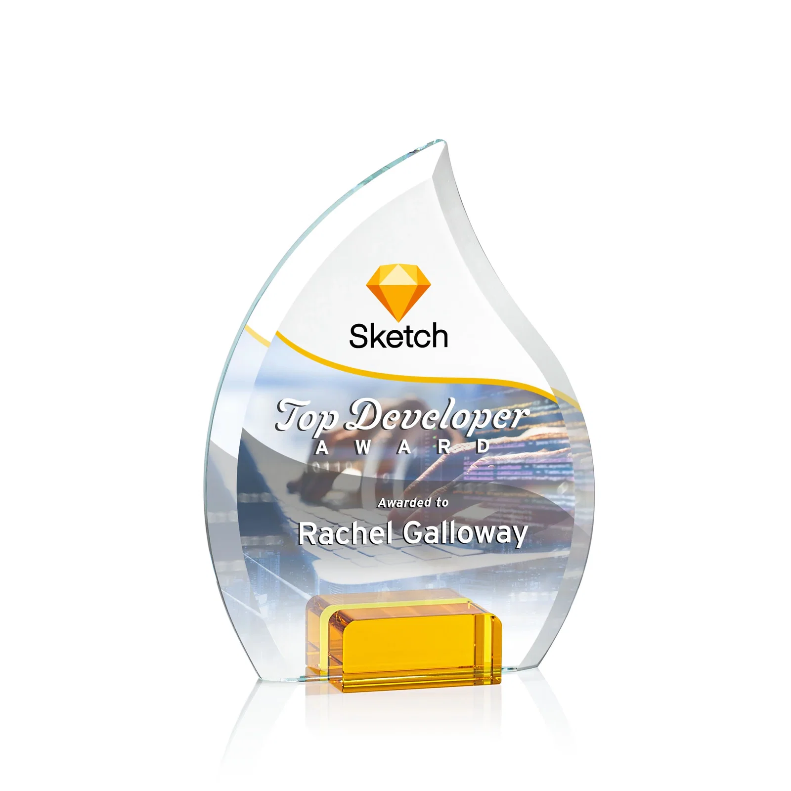 Personalized Starfire Crystal Flame Award Held Between Sapphire Panes for volunteer appreciation