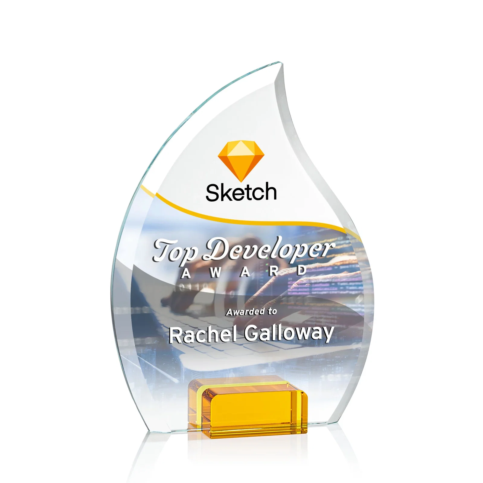 Personalized Starfire Crystal Flame Award Held Between Sapphire Panes for dealer and partner awards