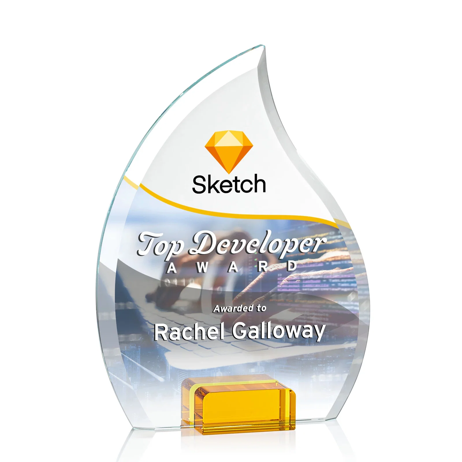 Personalized Starfire Crystal Flame Award Held Between Sapphire Panes for company anniversary events